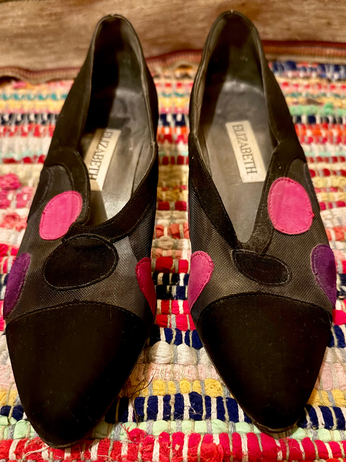 1960’s vintage black suede and mesh heels with polkadot detailing
