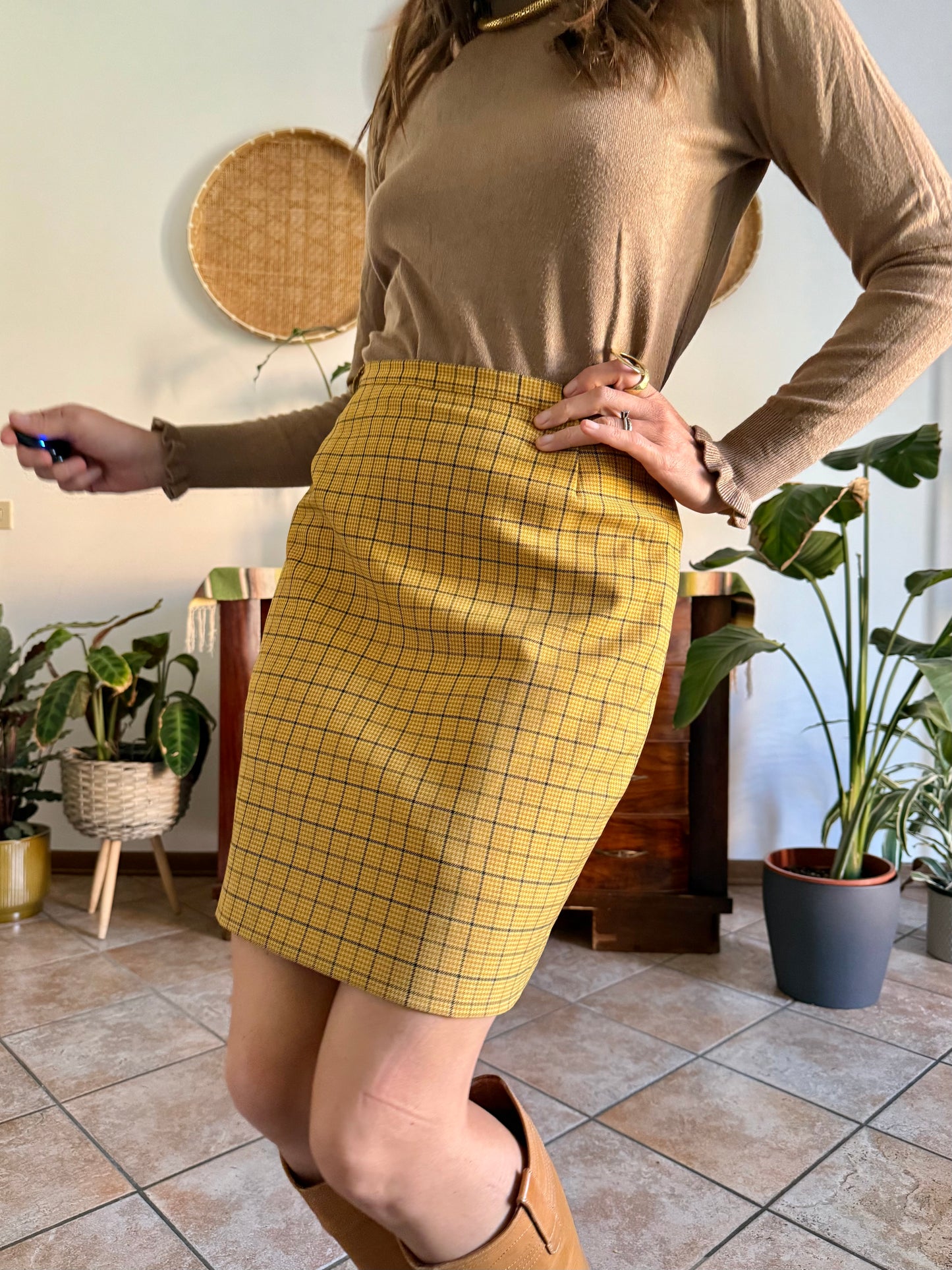 1970’s vintage mustard yellow and grey herringbone mini skirt