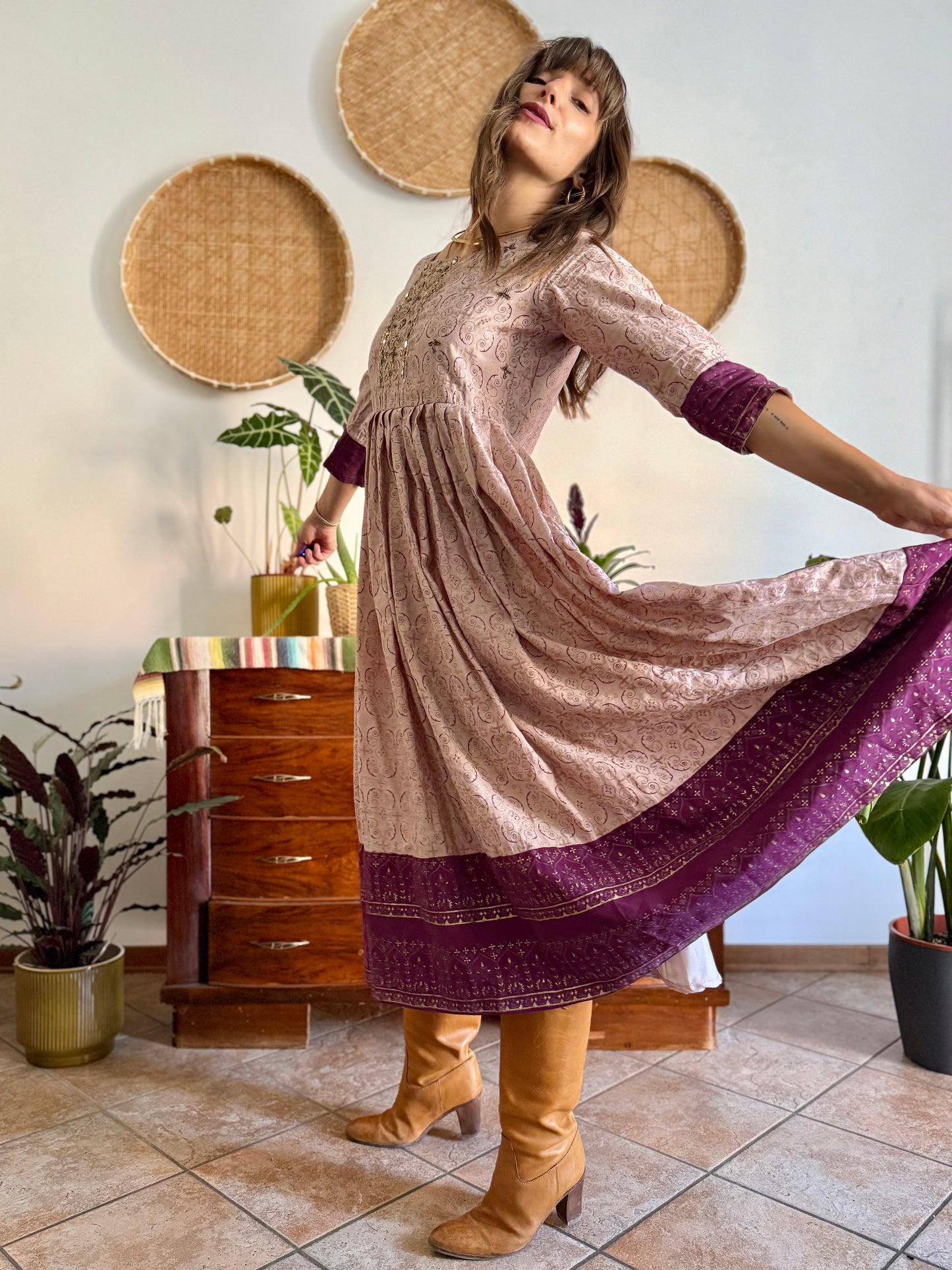 1970's vintage lilac midi dress with gold and purple geometric pattern and glass bead detailing
