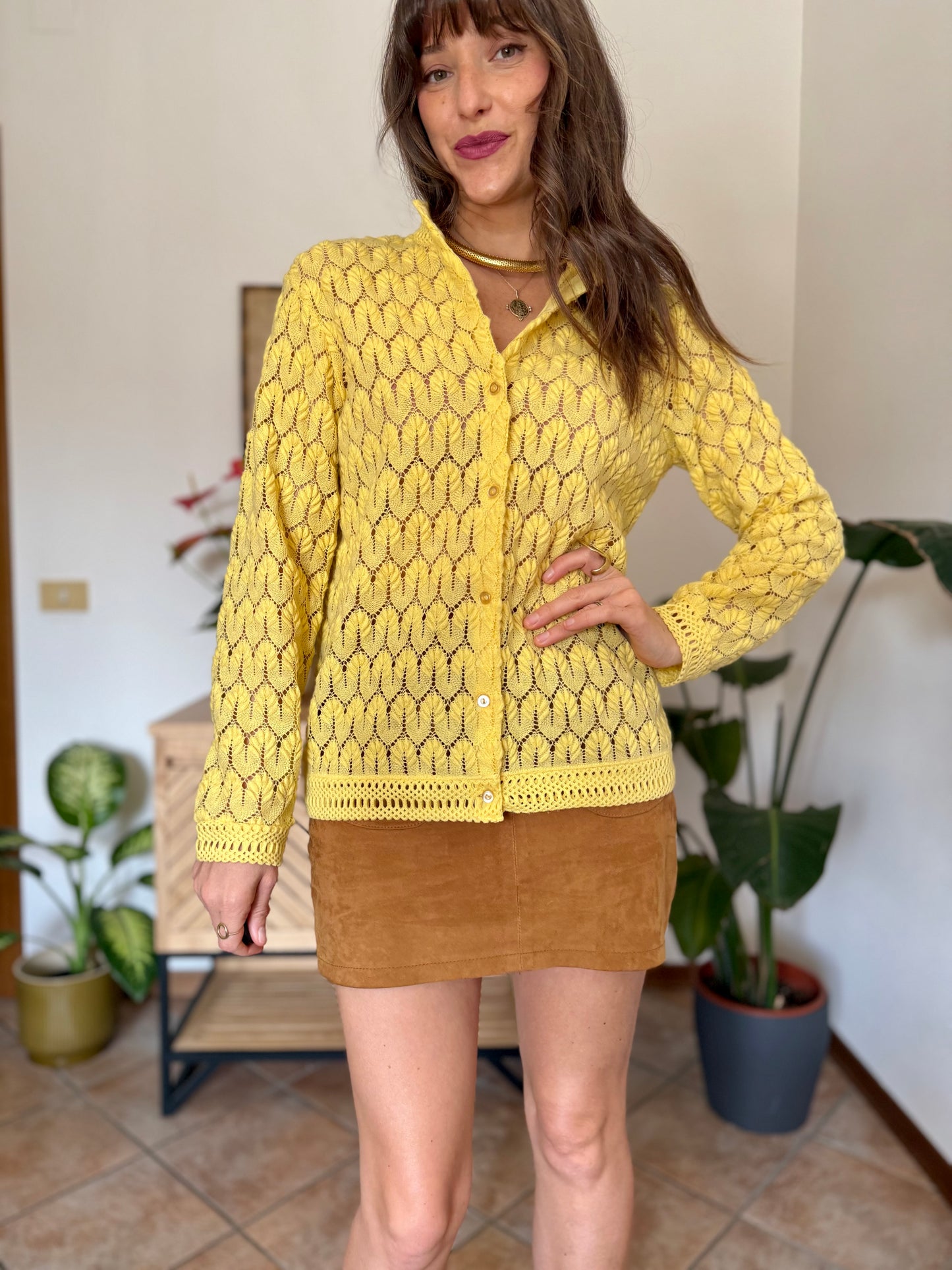 1960’s vintage yellow crocheted leaf pattern cardigan