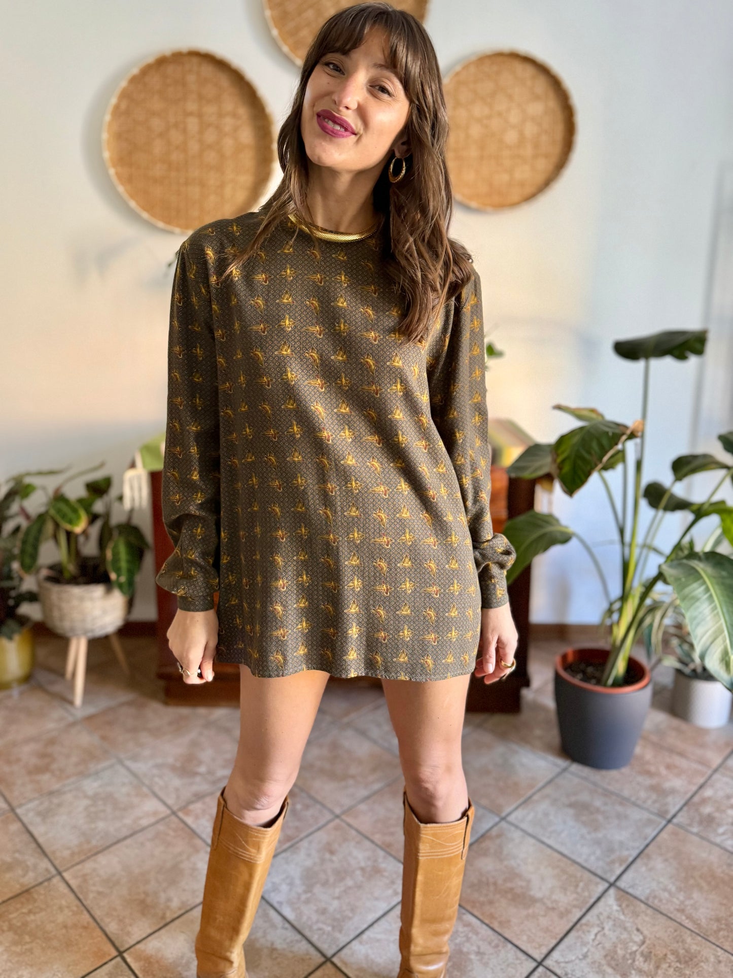 1970’s vintage Emporio Armani dark green, navy and burgundy duck print shirt dress
