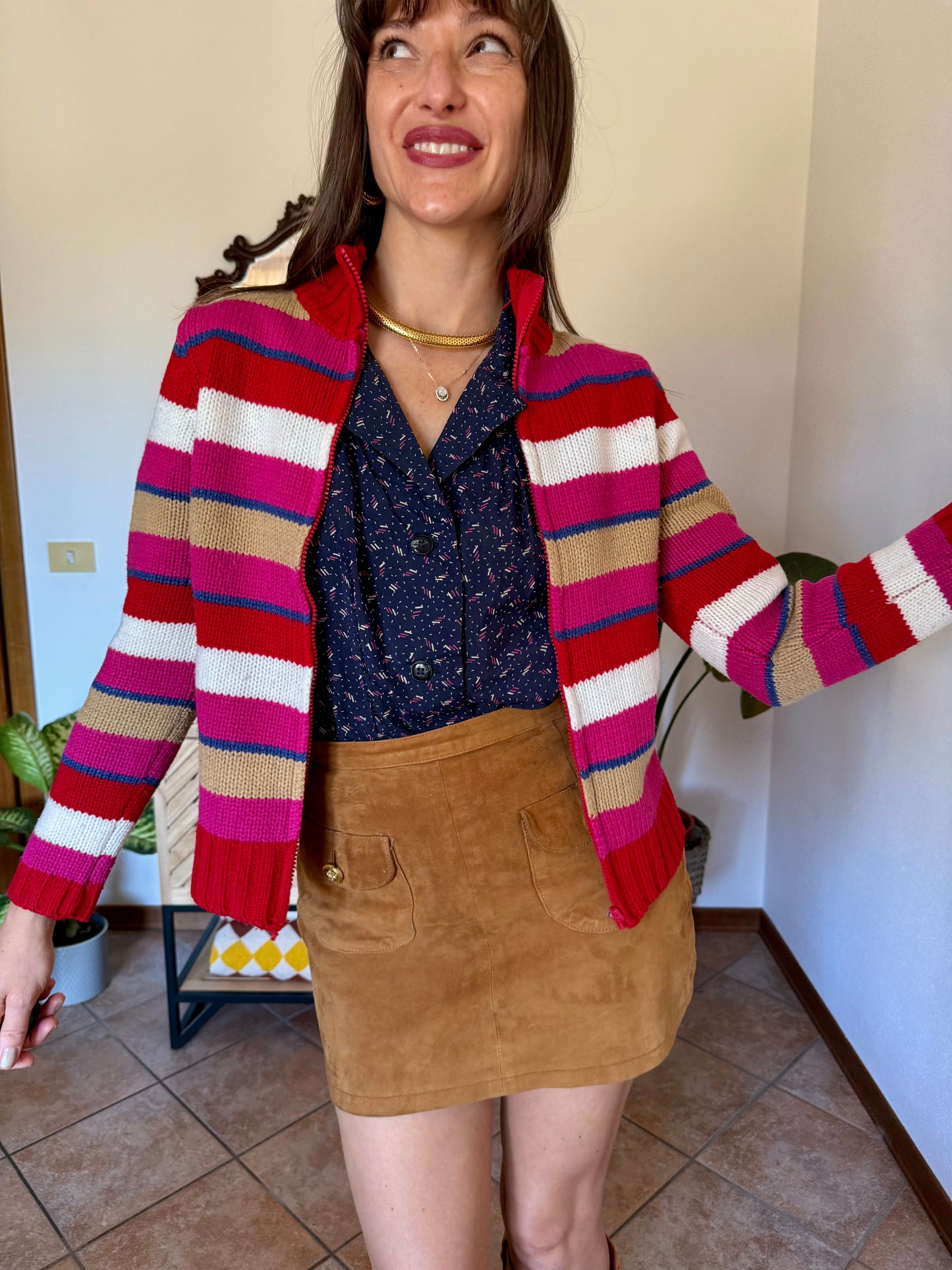 1990's vintage red, pink and blue stripe zip up wool knit cardigan