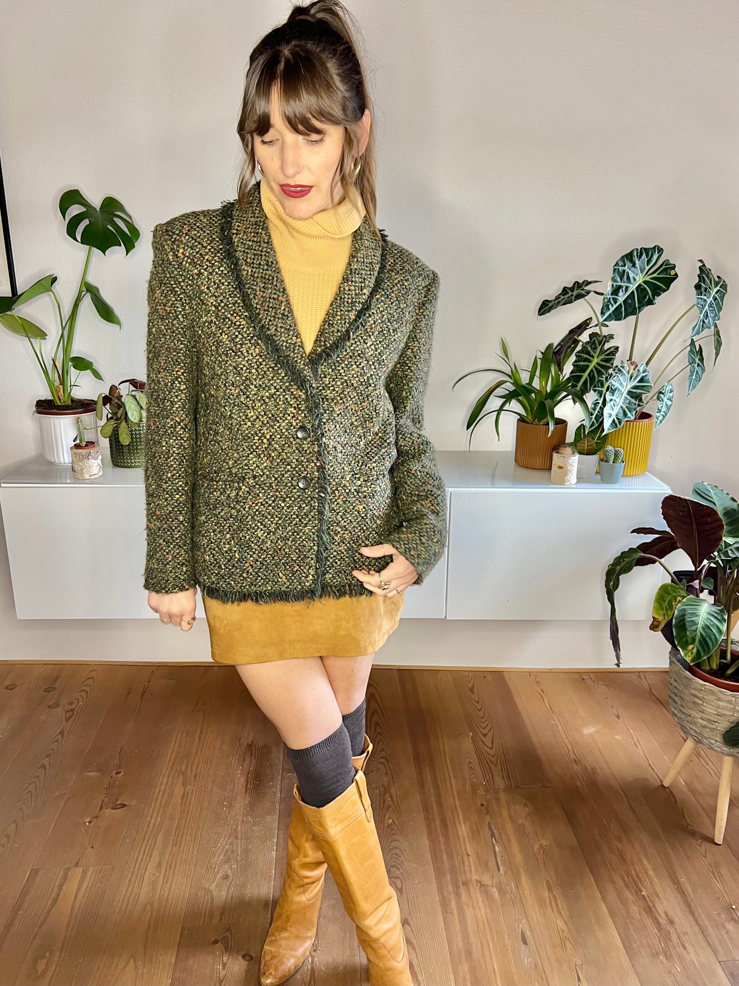 1970's vintage green wool blend green boucle blazer with fringe detail