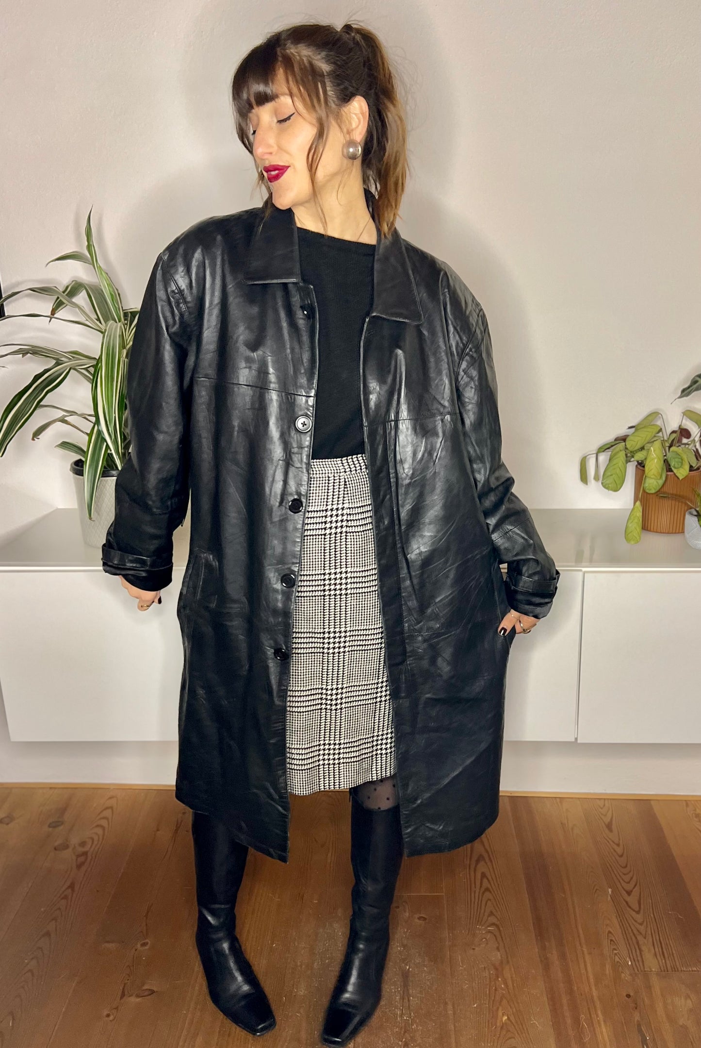 1970's vintage oversize black leather oversize trench coat