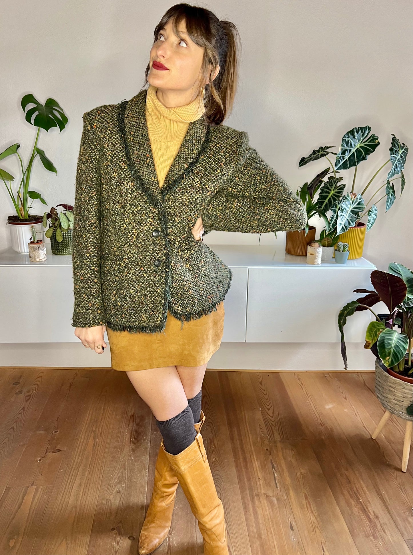 1970's vintage green wool blend green boucle blazer with fringe detail