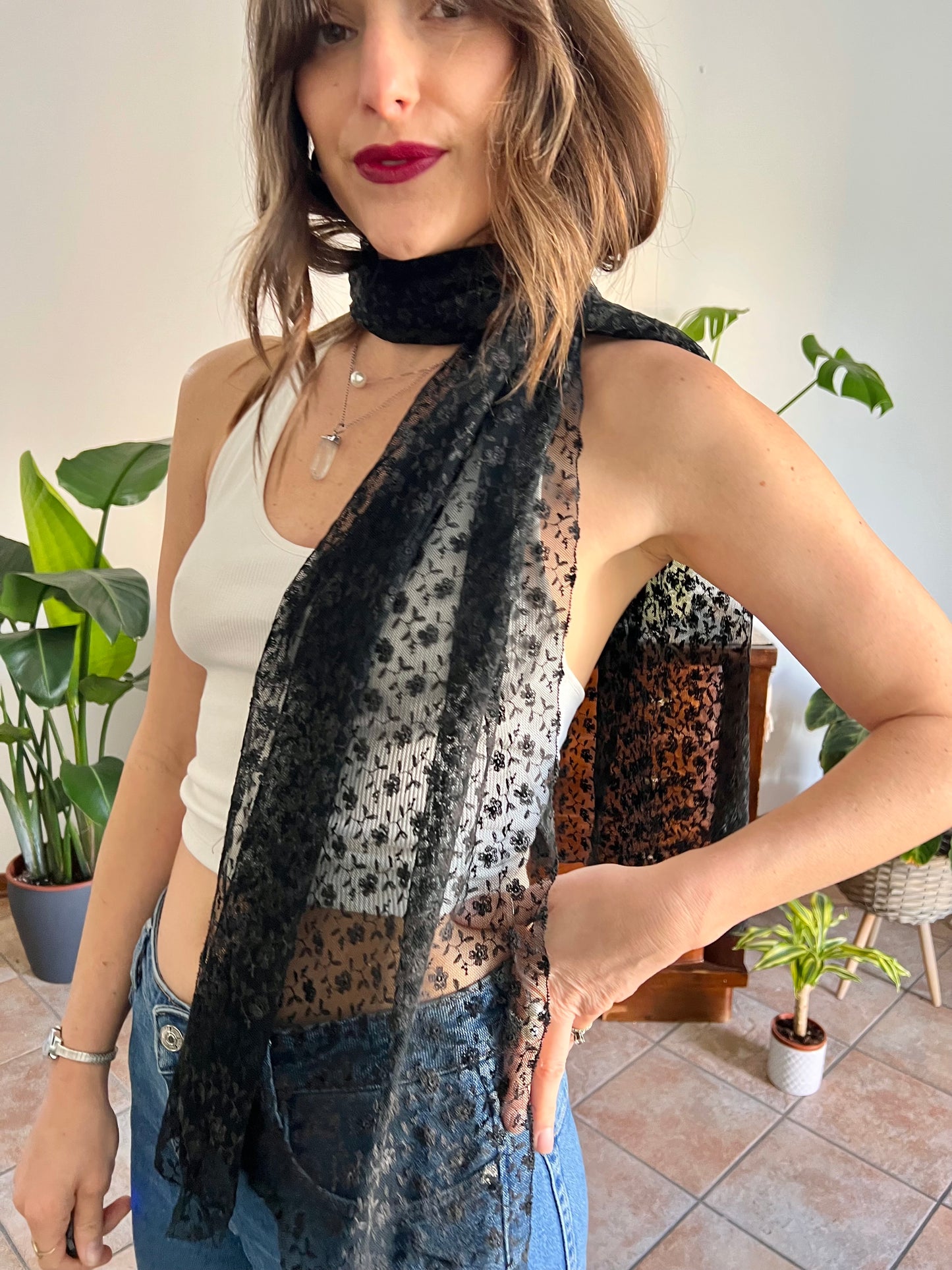 1950's vintage hand made black lace scarf