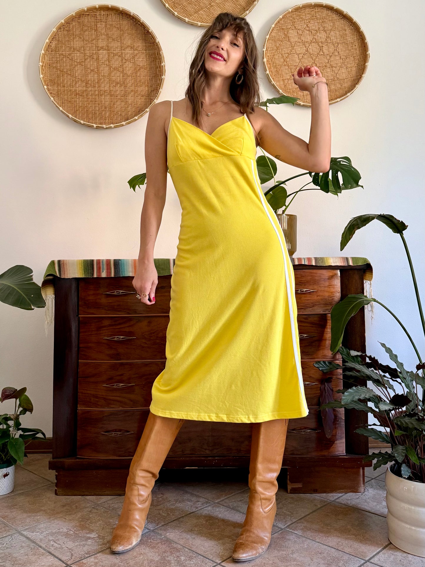 1990’s vintage canary yellow woven cotton midi dress with white stripe detailing