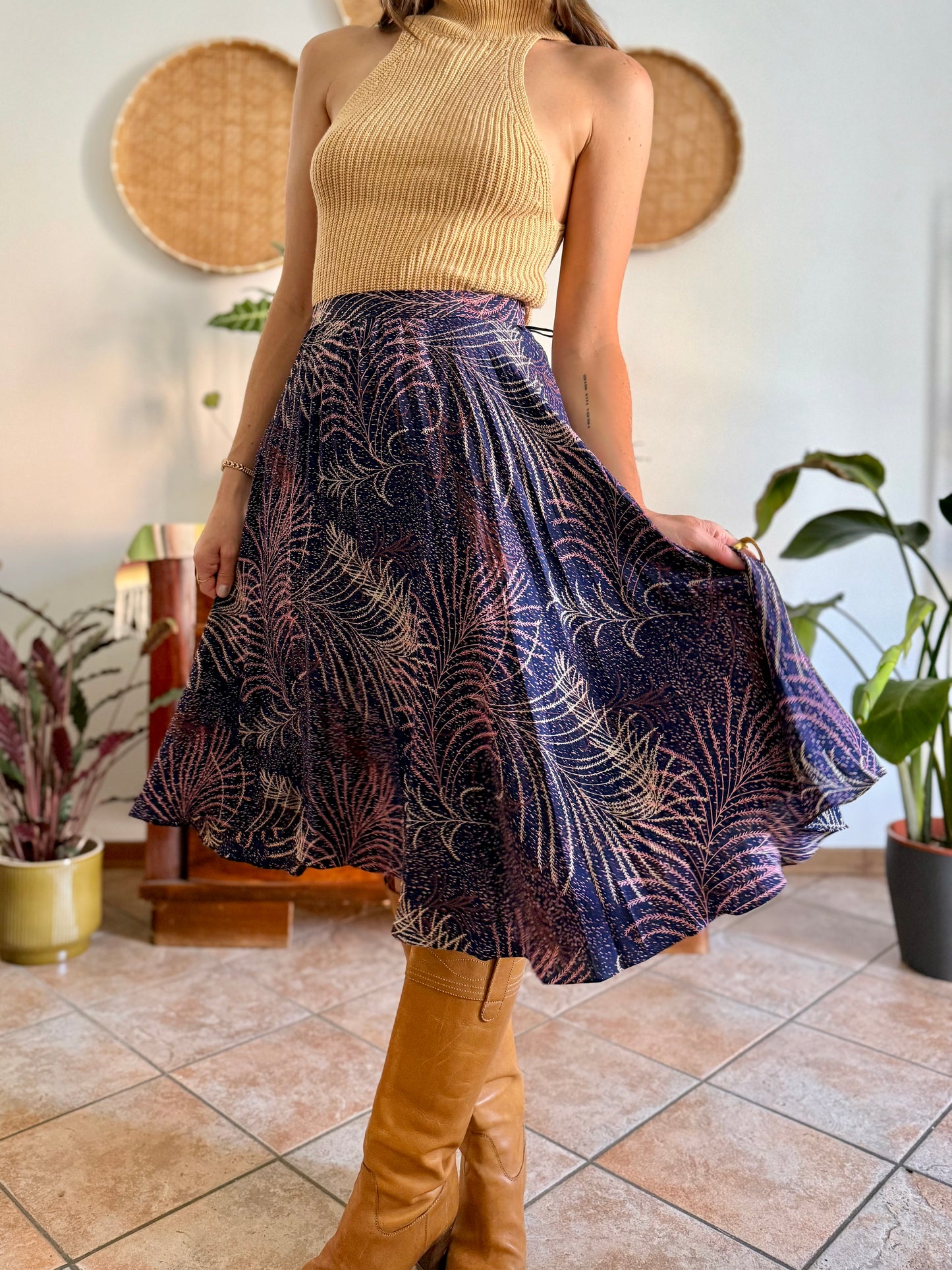 1970's vintage navy blue silk skirt with pink and cream abstract print