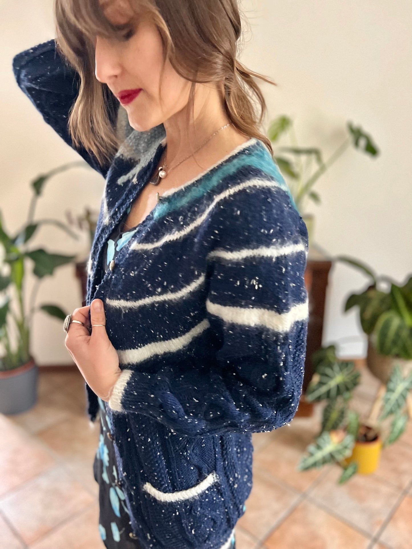 1970's vintage navy blue and cream speckled hand knit cardigan with turquoise asymmetric design