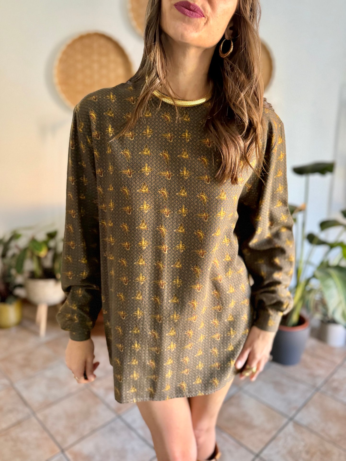 1970’s vintage Emporio Armani dark green, navy and burgundy duck print shirt dress