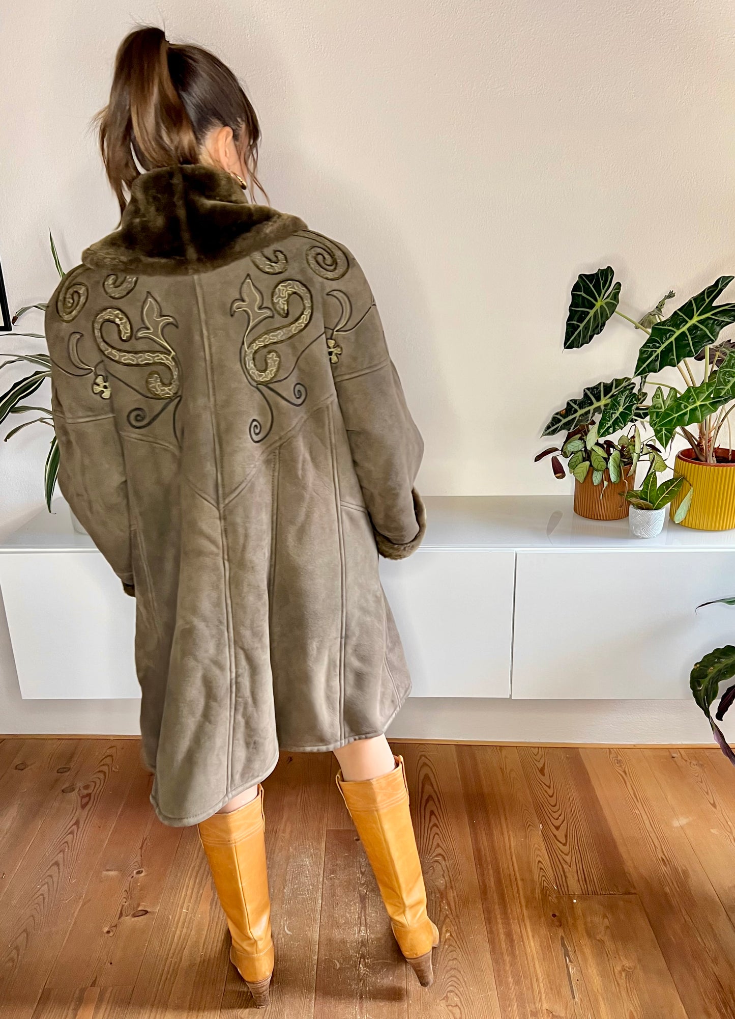 1970's vintage brown embroidered shearling coat