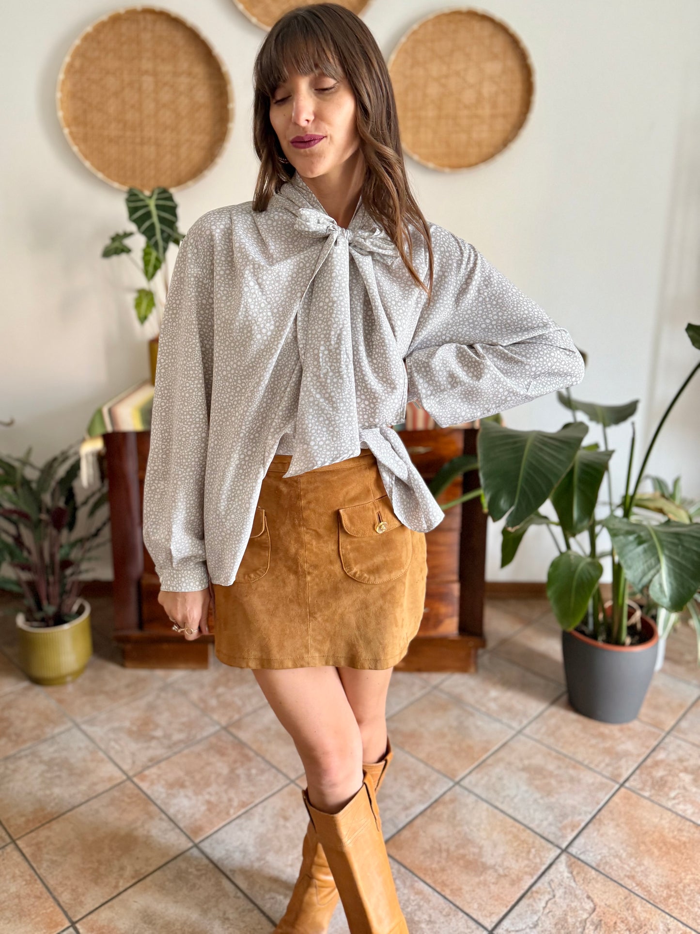 1970's vintage grey and white polkadot bow tie blouse