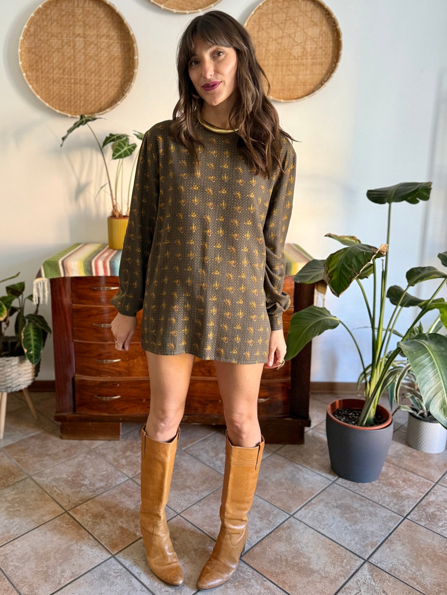 1970’s vintage Emporio Armani dark green, navy and burgundy duck print shirt dress