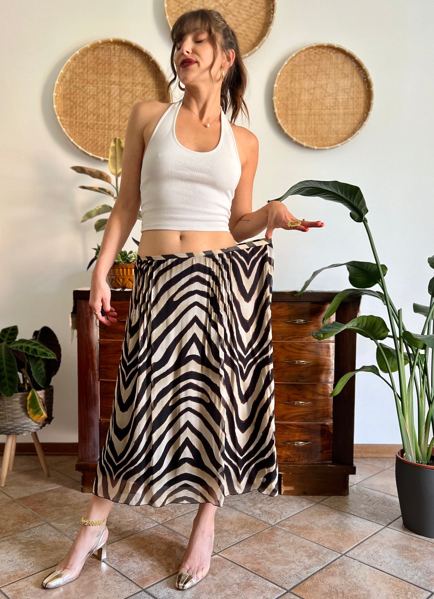 1990's vintage zebra print low waisted silk midi skirt