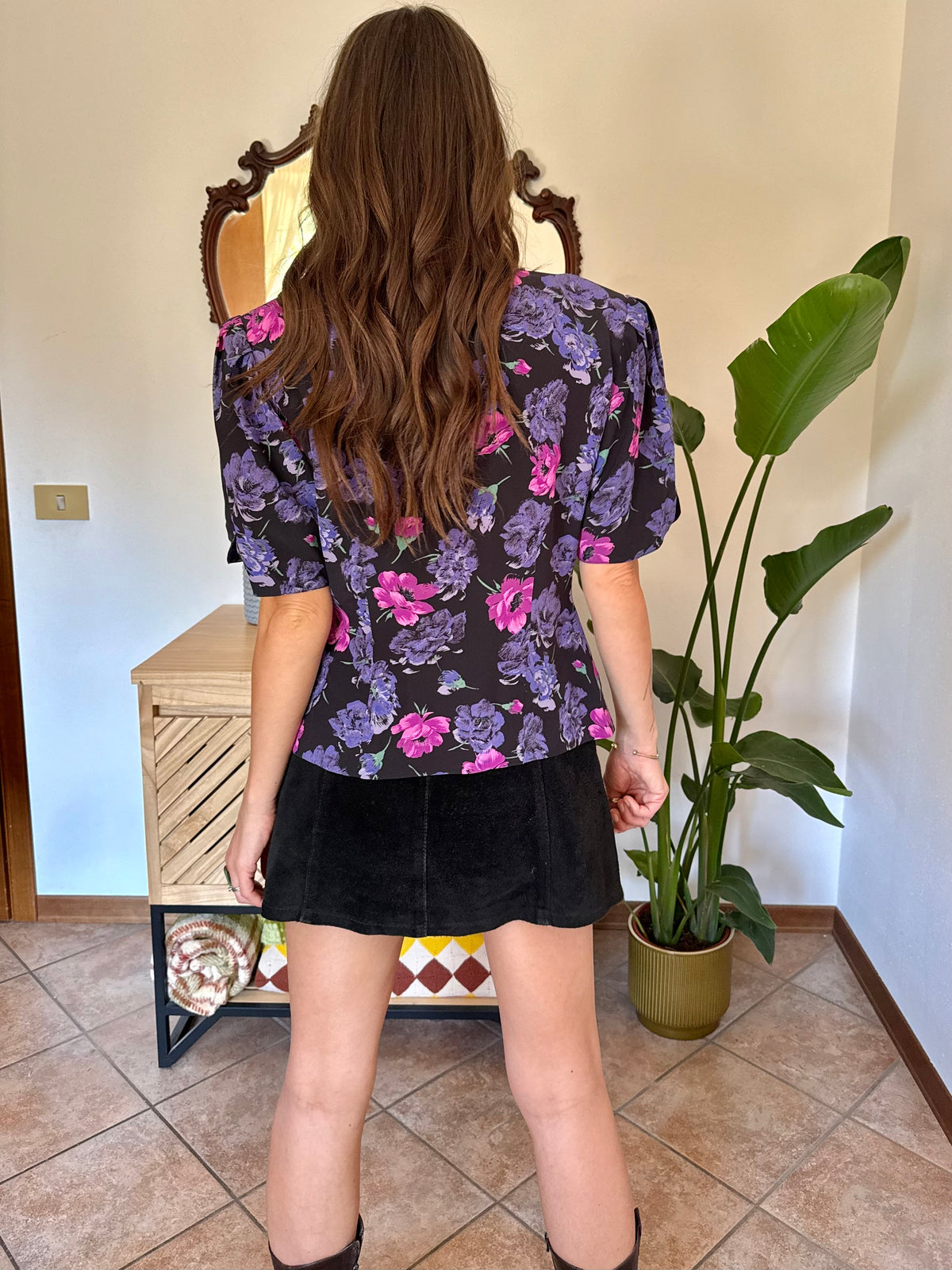 1960’s vintage black structured silk blouse with pink and purple floral print