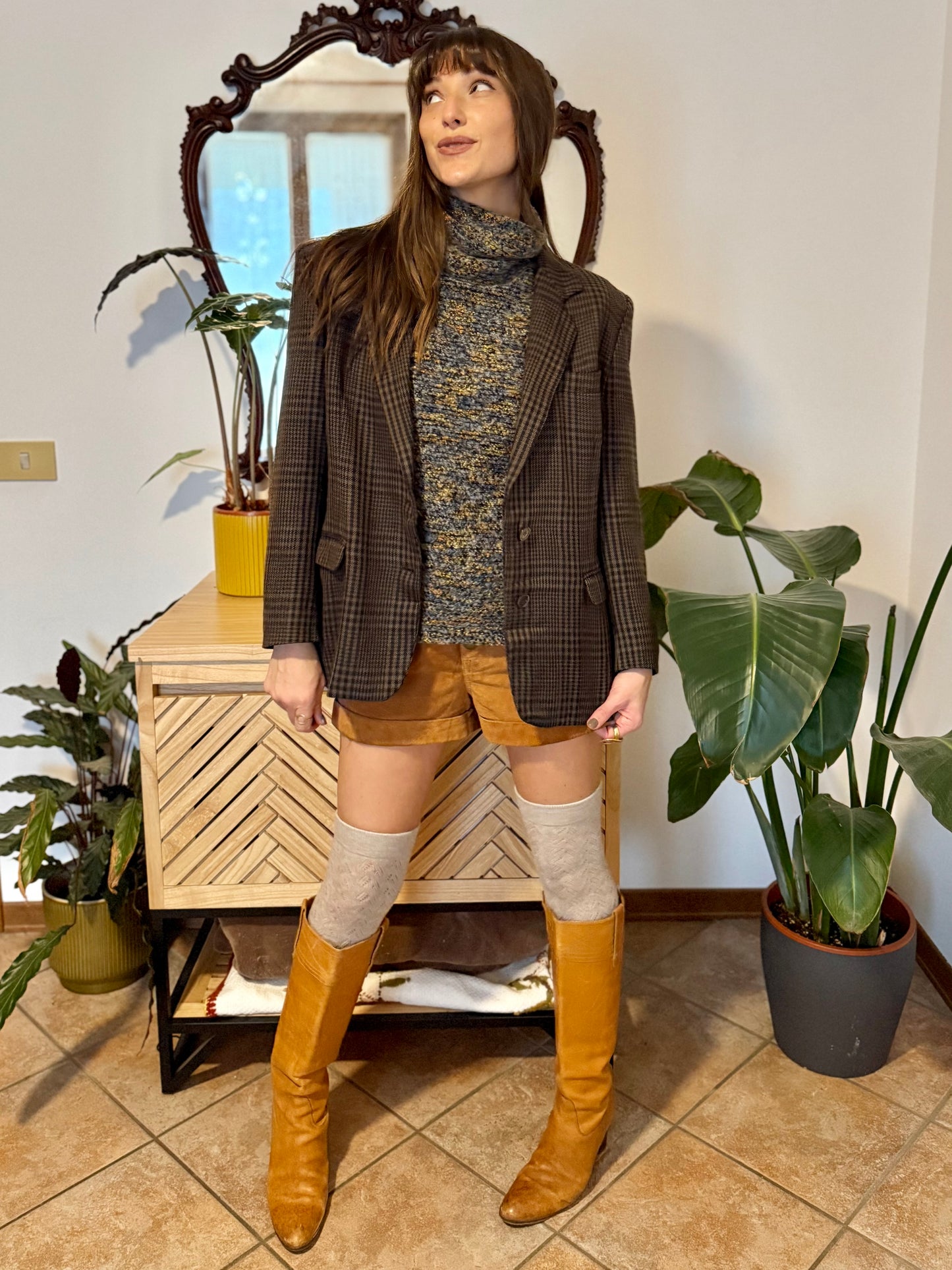 1990's vintage cashmere, wool and silk blend chocolate brown and blue blazer