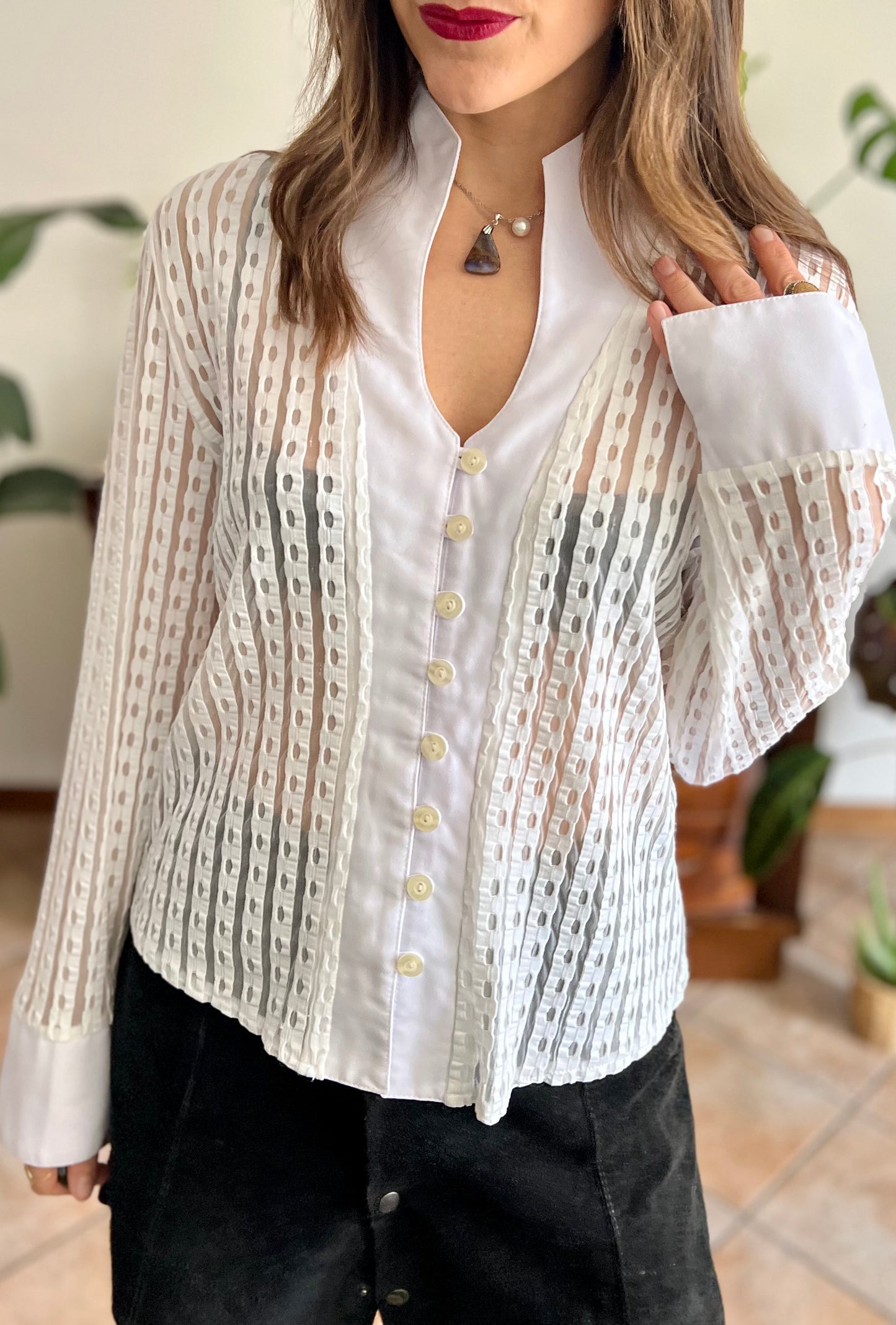 1970's vintage white and cream sheer textured blouse