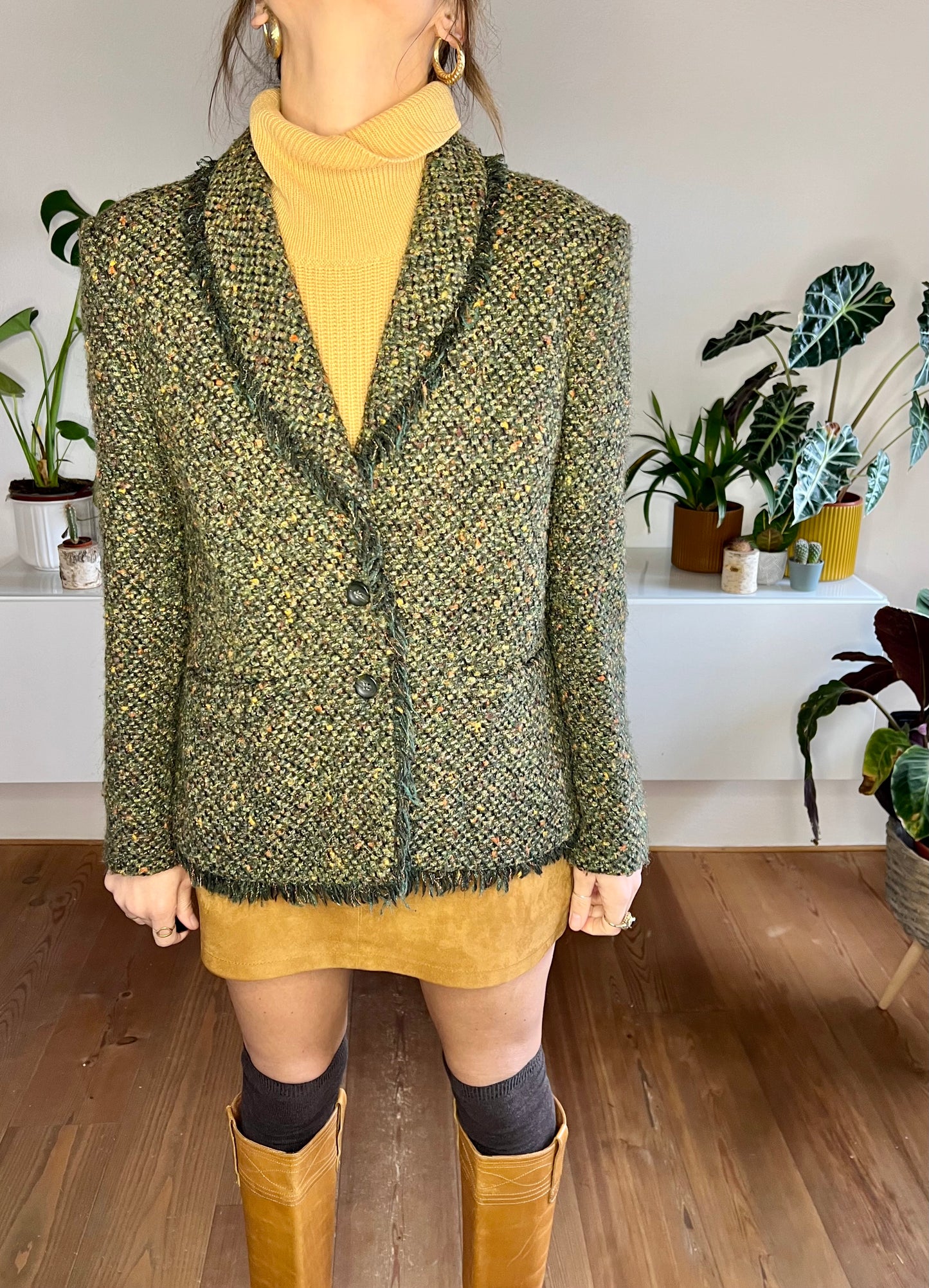 1970's vintage green wool blend green boucle blazer with fringe detail