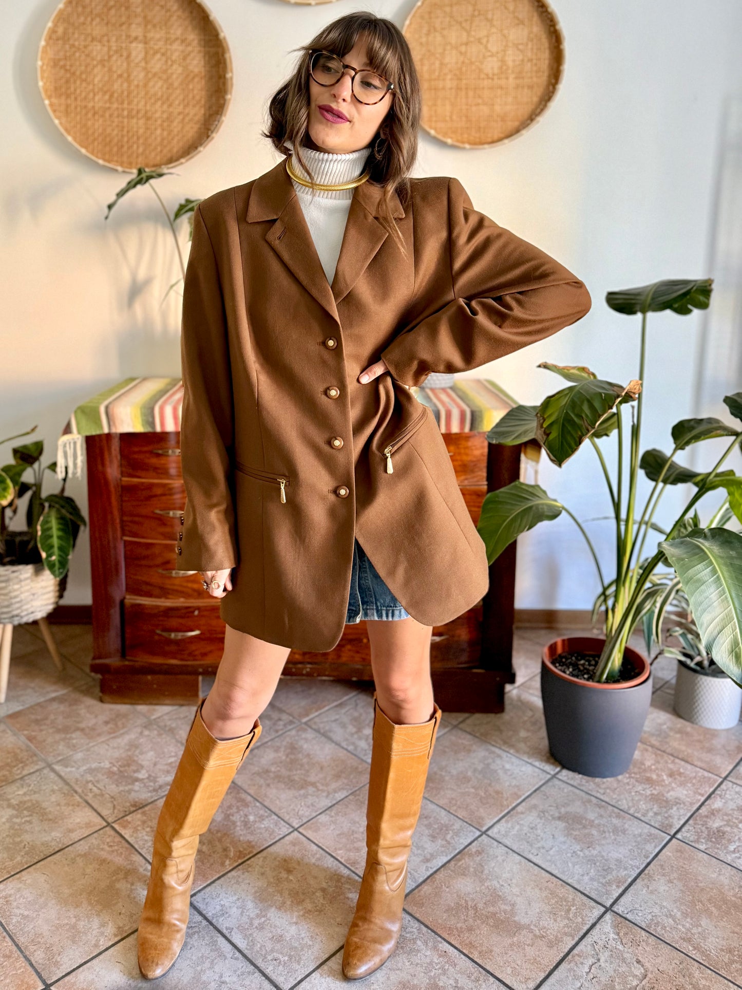 1970's vintage chocolate brown oversize wool jacket with gold metal details