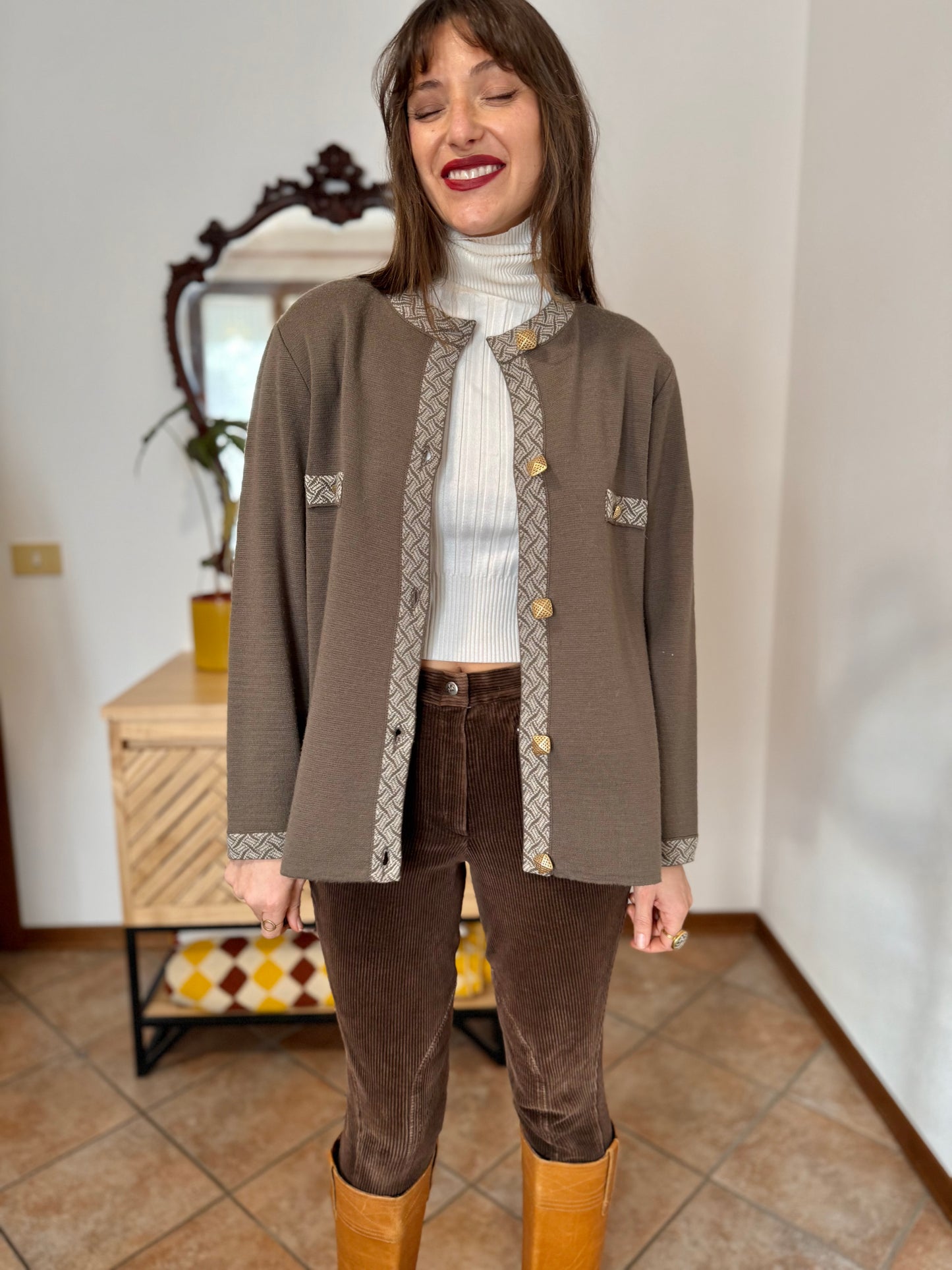 1980's vintage khaki wool cardigan with cream geometric knit pattern and square brass buttons