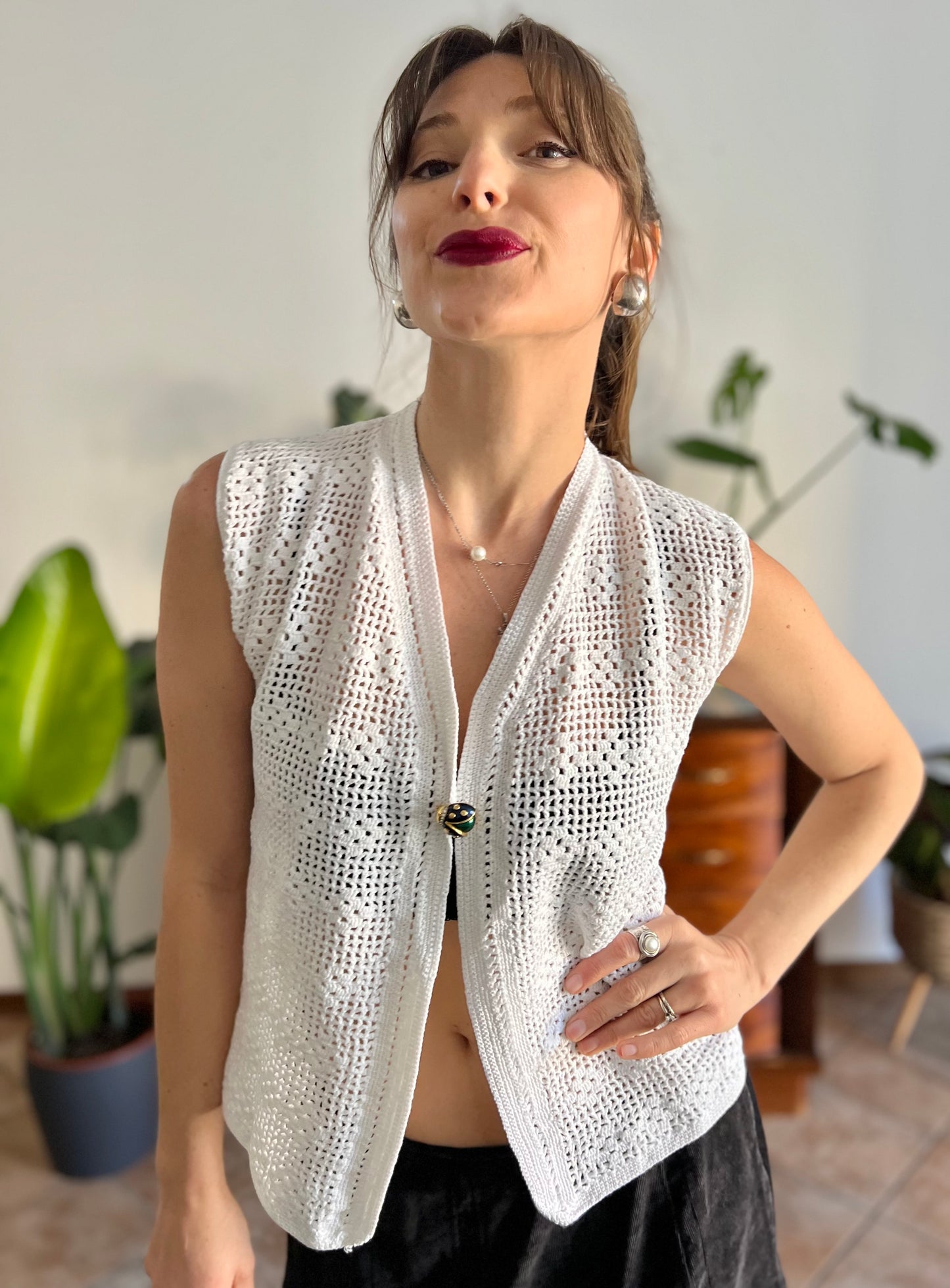 1970's vintage hand crocheted white vest with blue and green lady bug pin closure
