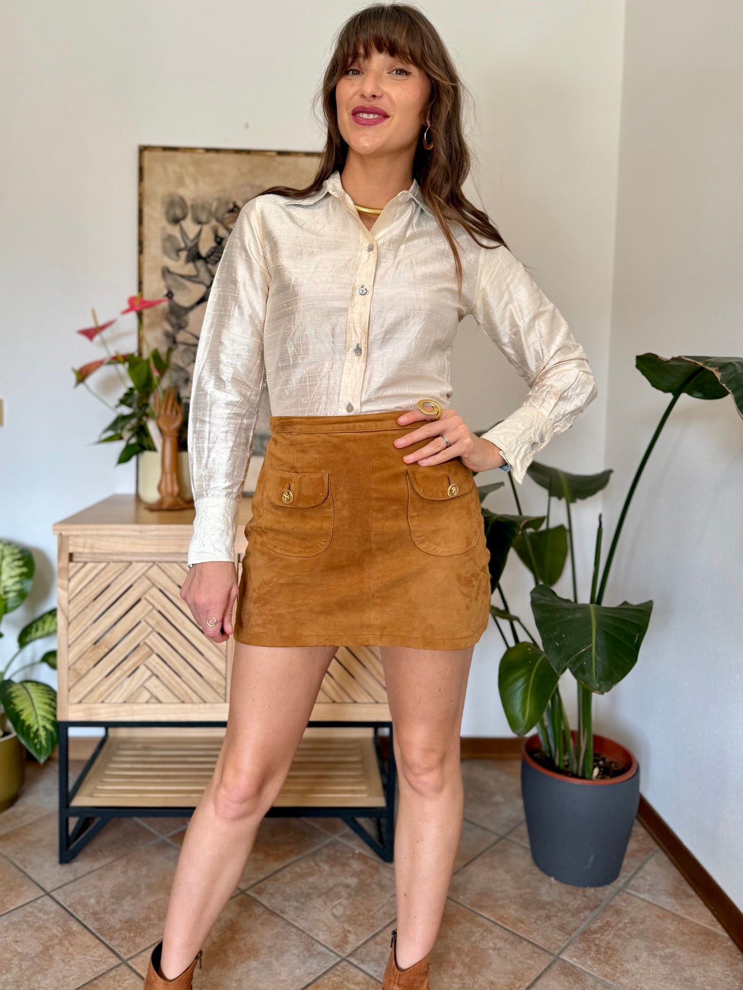 1990’s vintage cream raw silk textured blouse with mother of pearl buttons