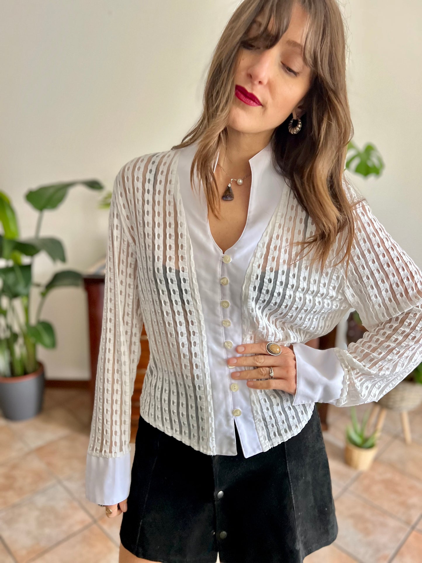 1970's vintage white and cream sheer textured blouse