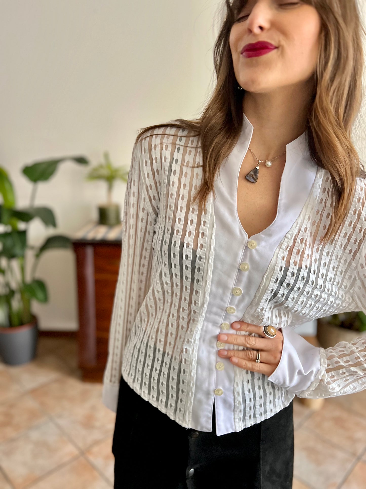 1970's vintage white and cream sheer textured blouse