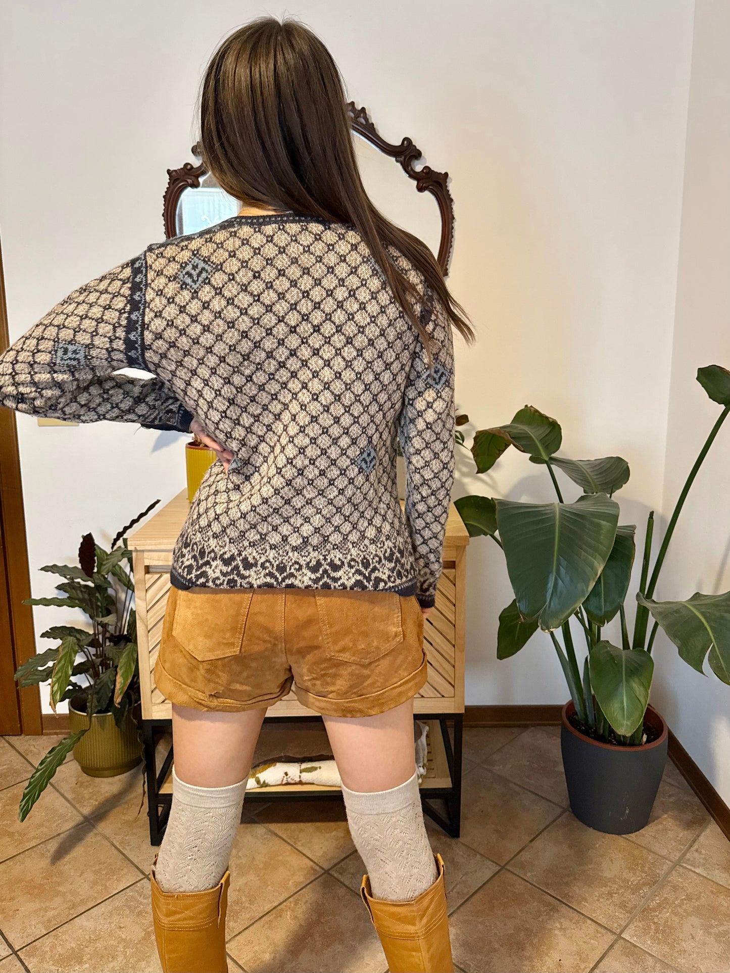 1990's vintage grey and beige alpaca knit cardigan with turquoise geometric pattern