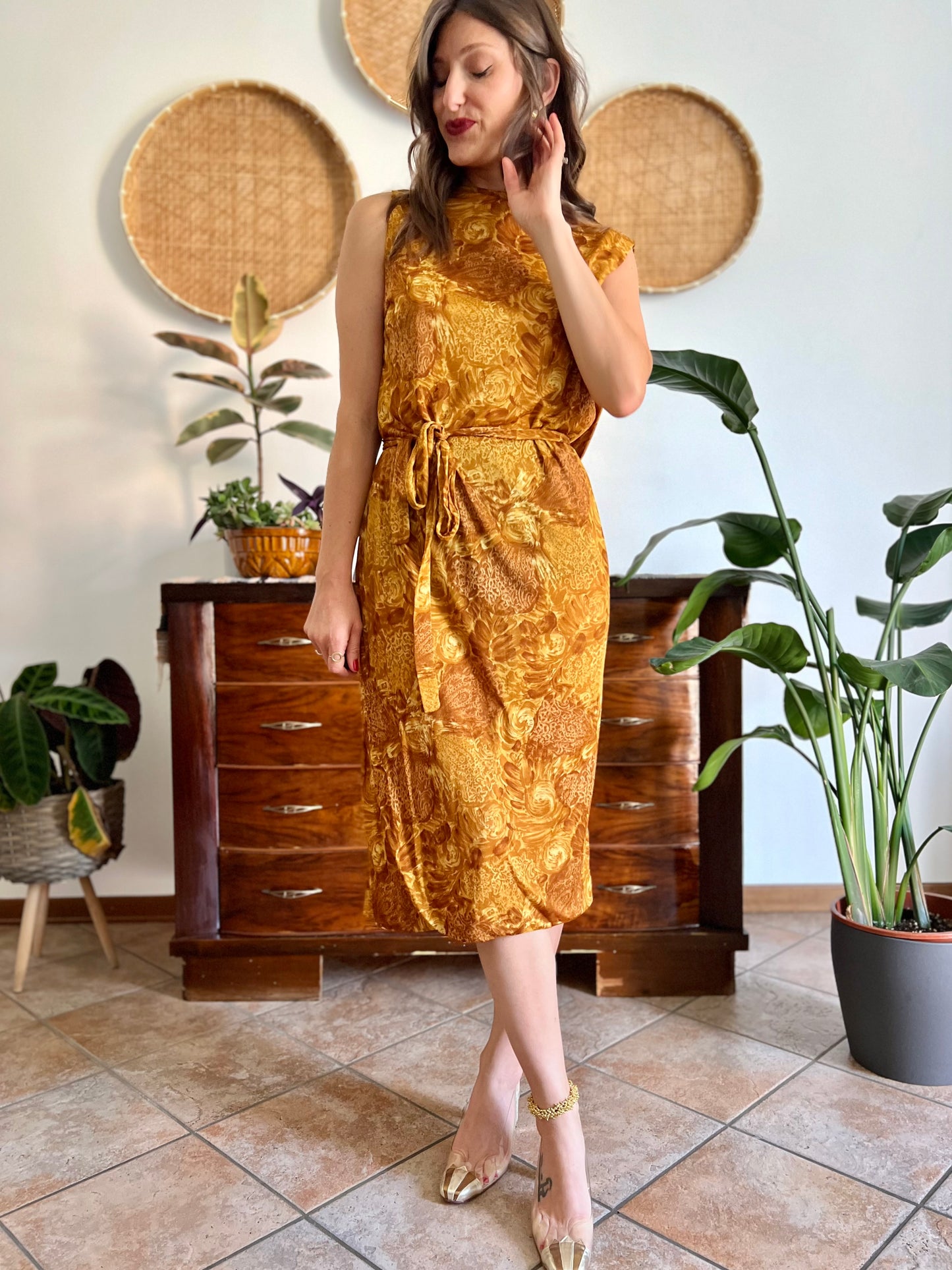 1960's vintage tan and mustard yellow floral print midi dress with cowl back