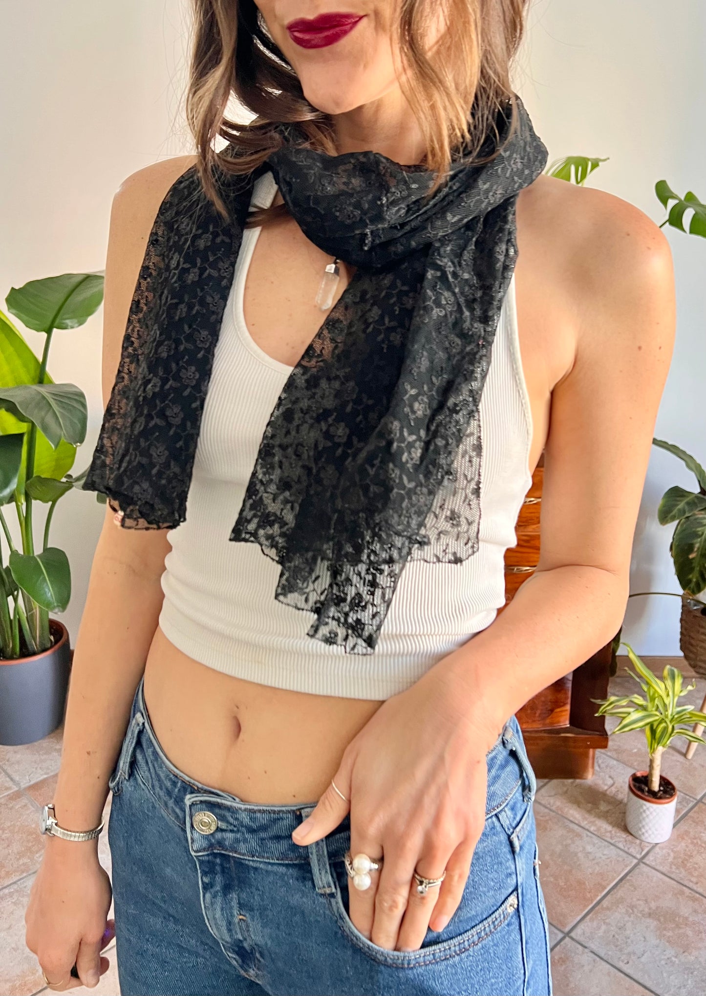 1950's vintage hand made black lace scarf