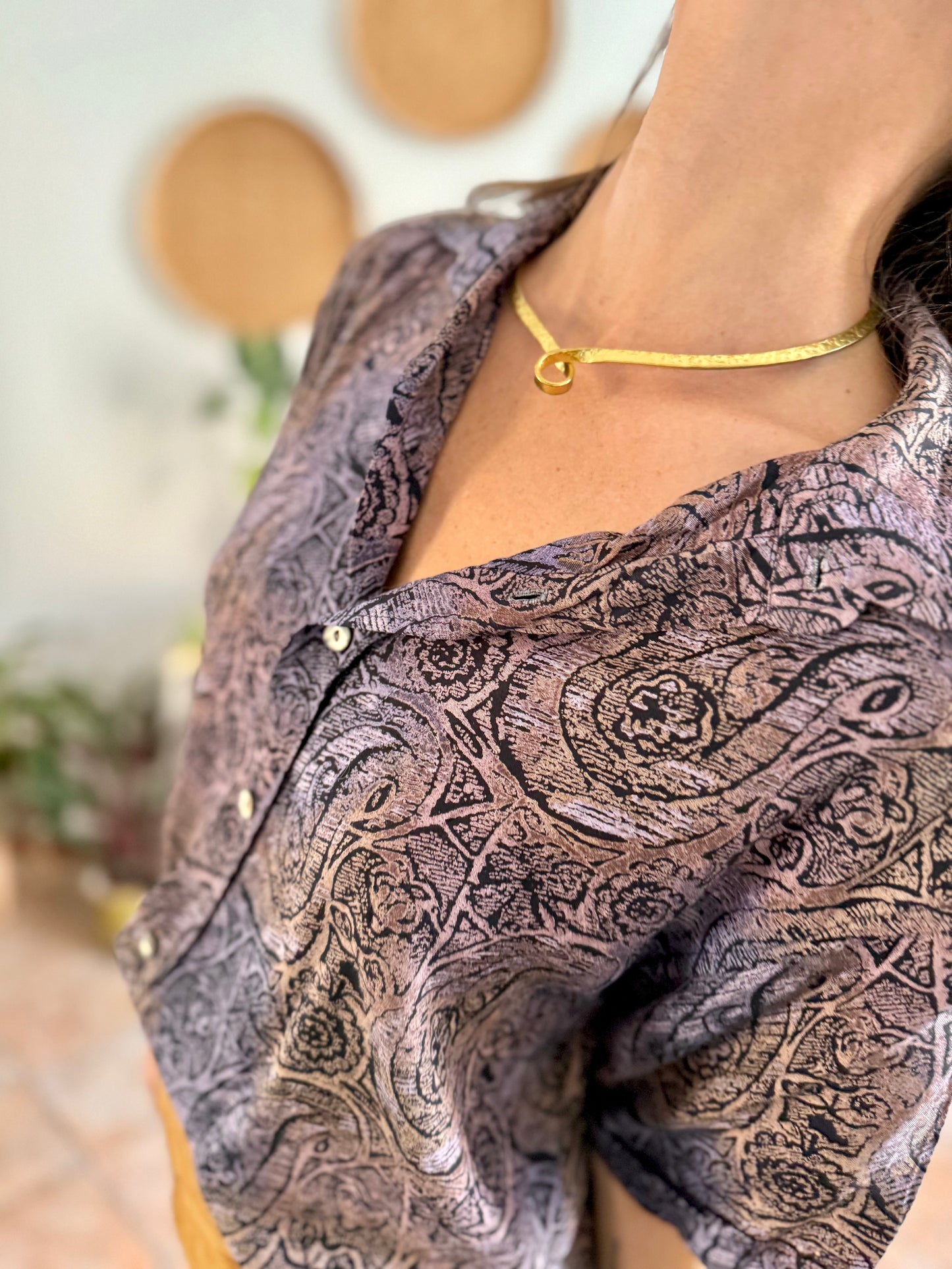1970's vintage purple, tan and black abstract paisley print