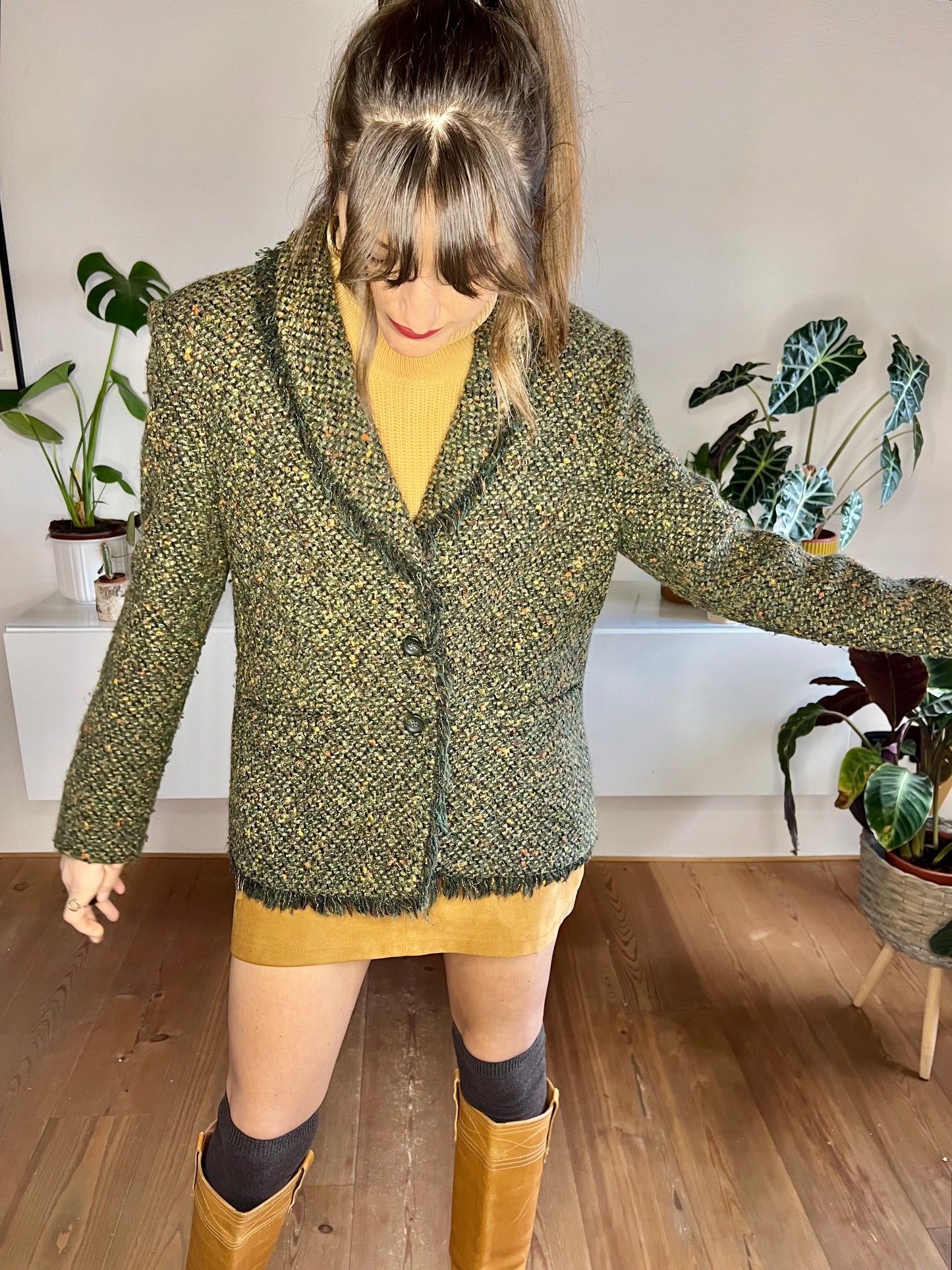 1970's vintage green wool blend green boucle blazer with fringe detail