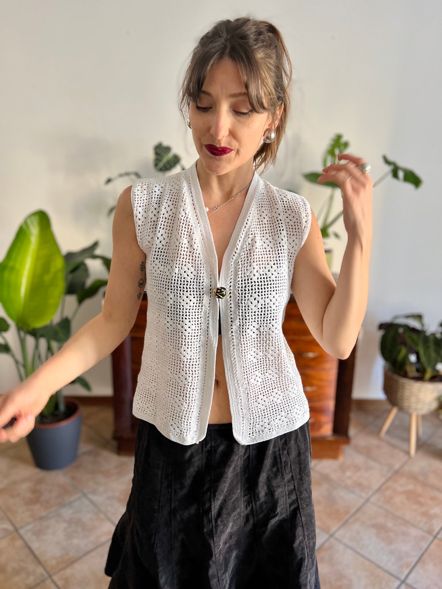 1970's vintage hand crocheted white vest with blue and green lady bug pin closure