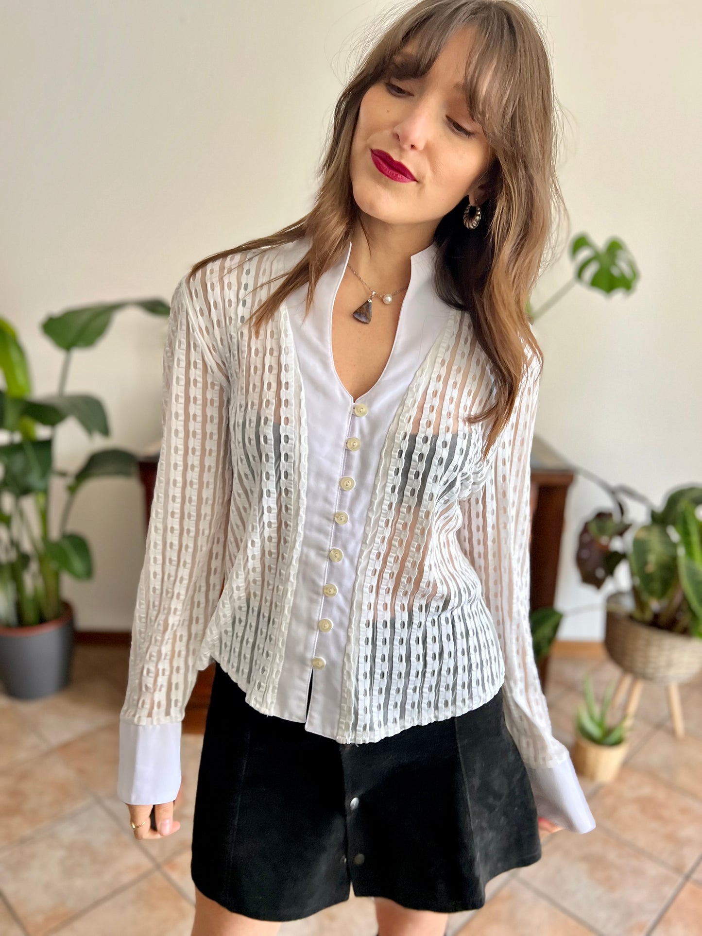 1970's vintage white and cream sheer textured blouse