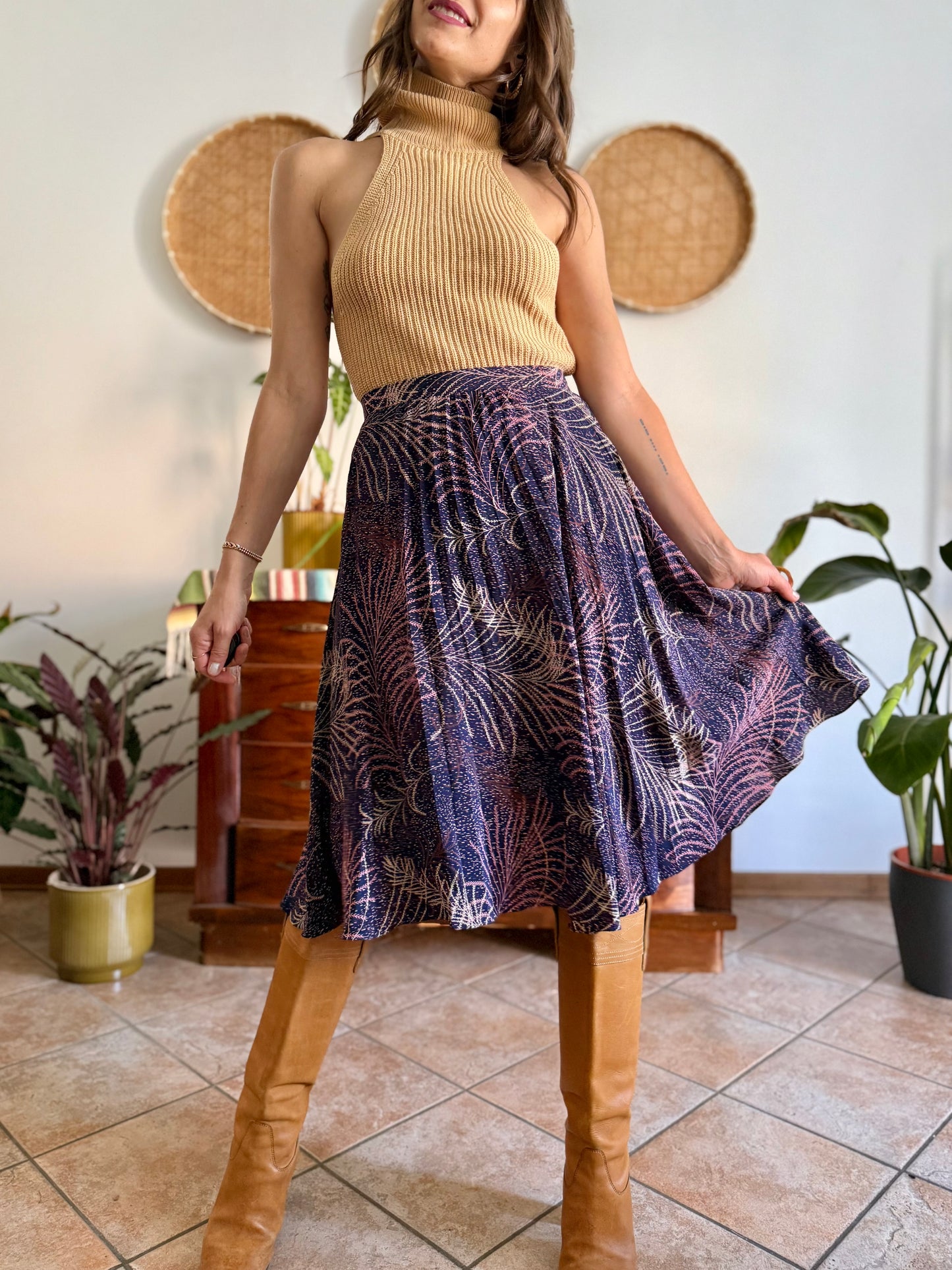 1970's vintage navy blue silk skirt with pink and cream abstract print