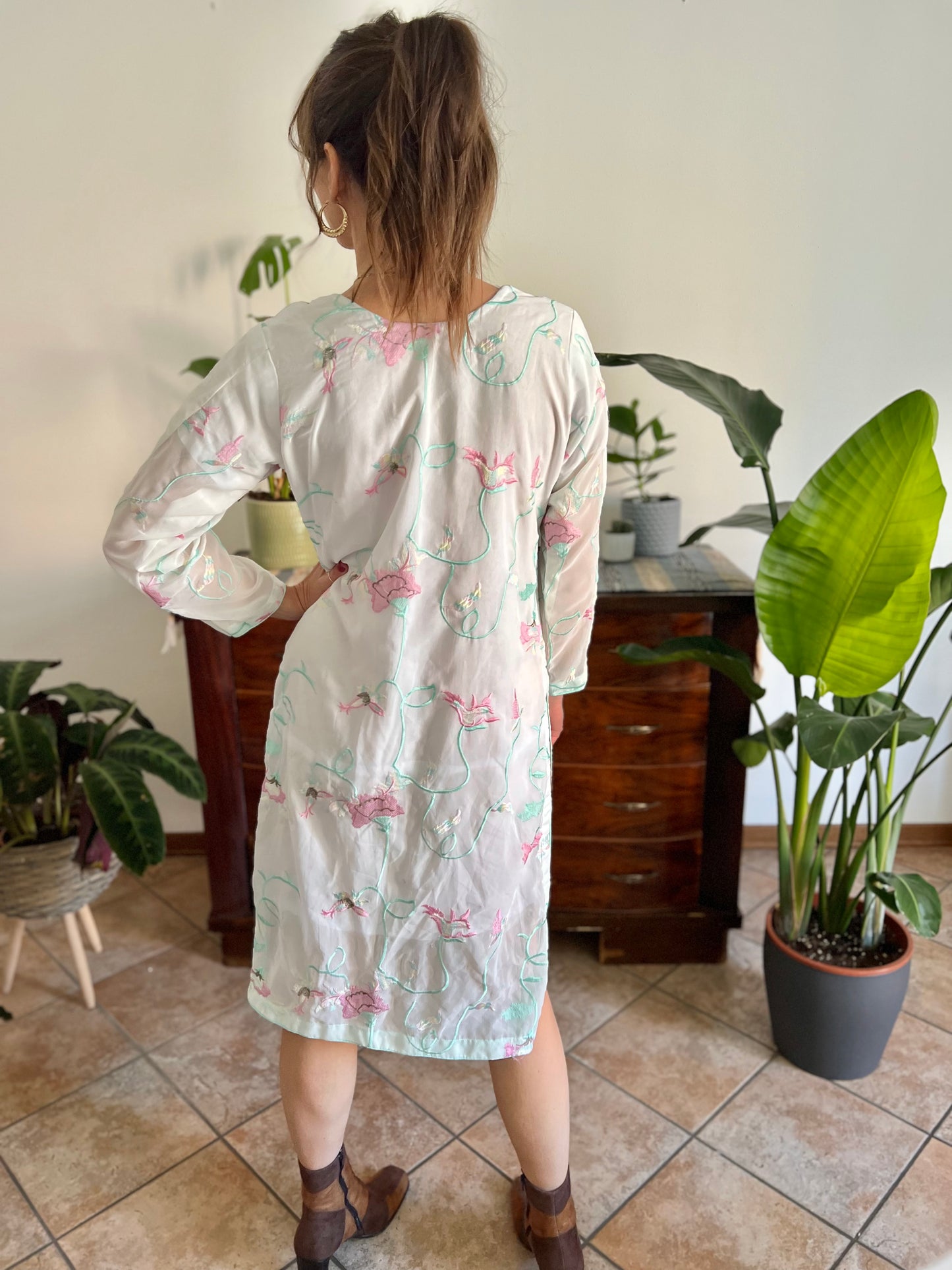 1990's vintage cream Vietnamese dress with turquoise, pink and butter yellow embroidered floral design