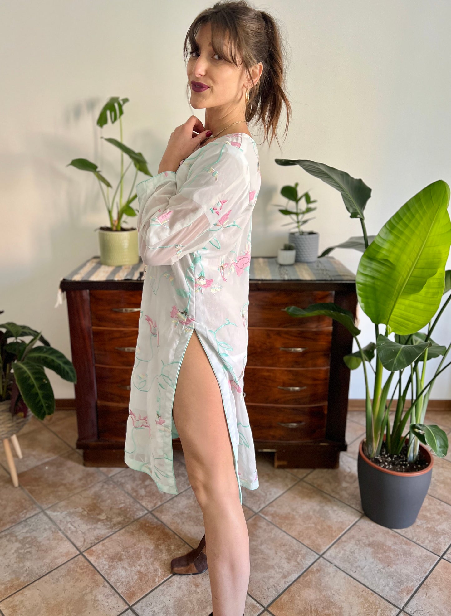 1990's vintage cream Vietnamese dress with turquoise, pink and butter yellow embroidered floral design