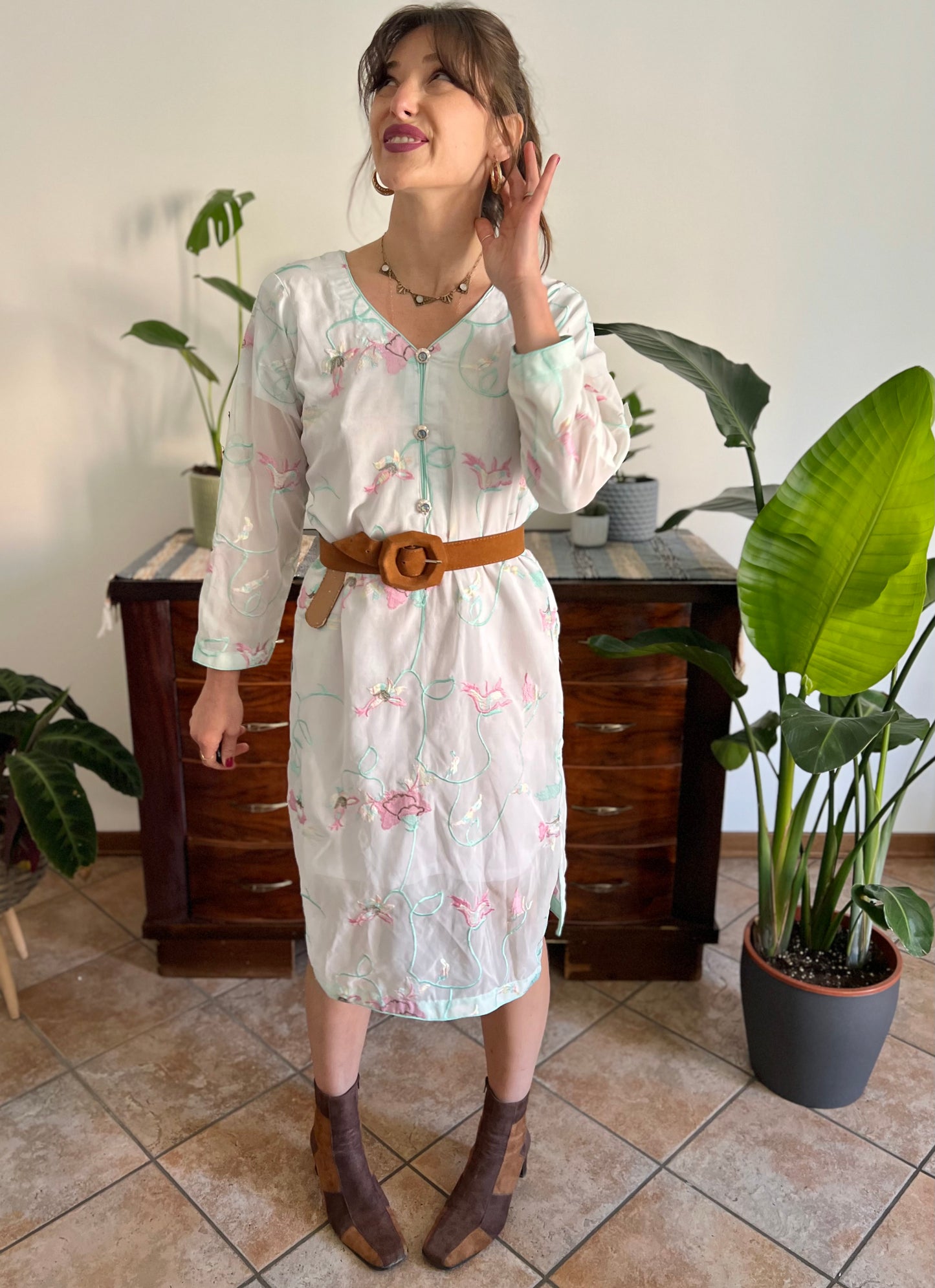 1990's vintage cream Vietnamese dress with turquoise, pink and butter yellow embroidered floral design