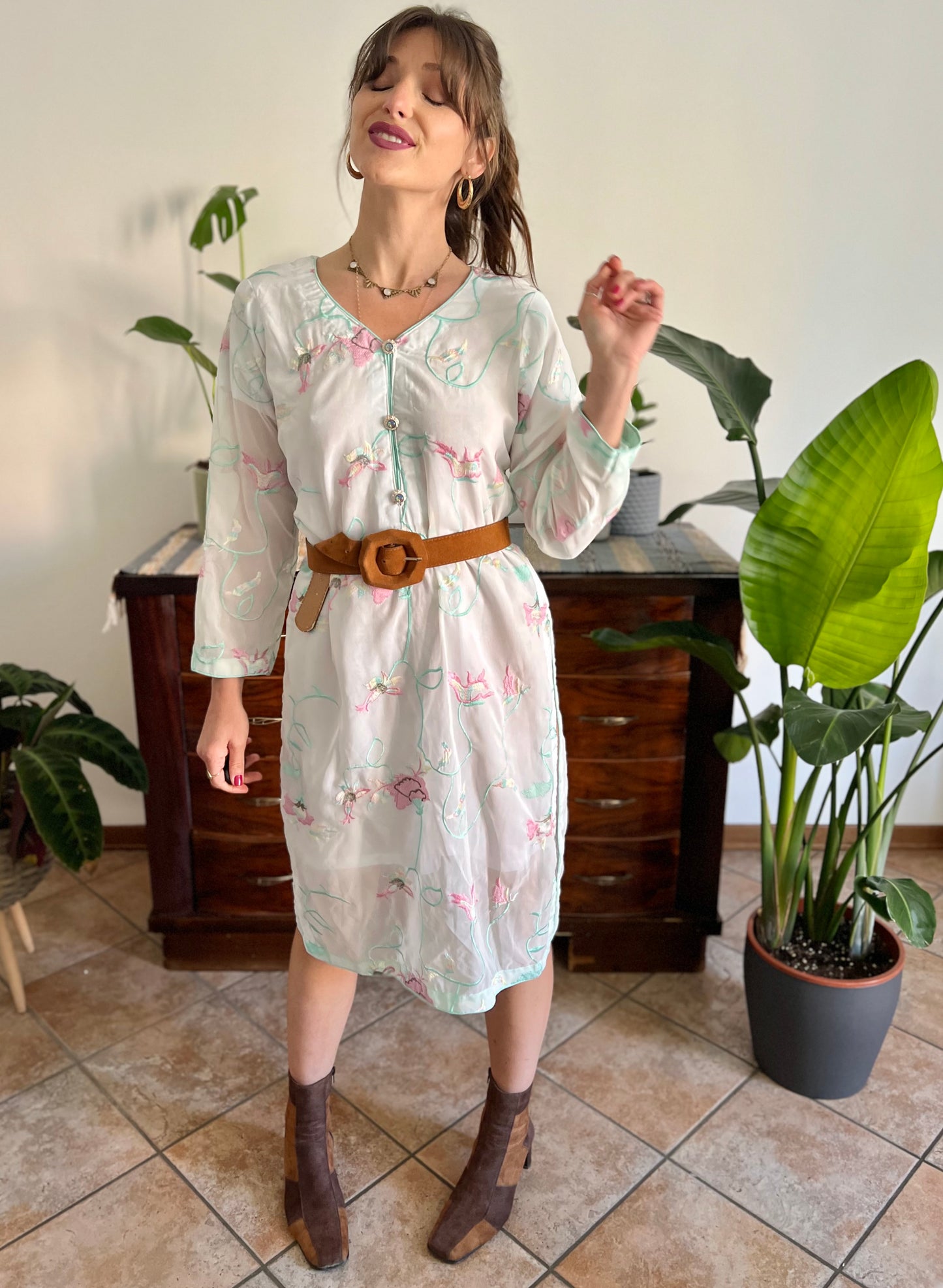 1990's vintage cream Vietnamese dress with turquoise, pink and butter yellow embroidered floral design