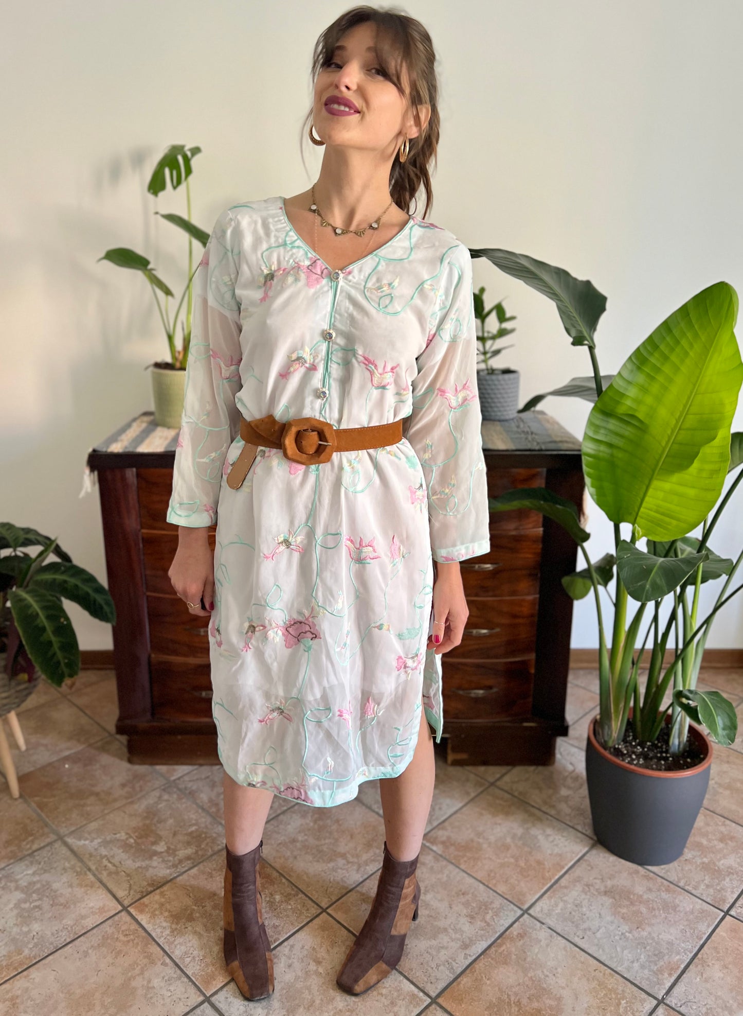 1990's vintage cream Vietnamese dress with turquoise, pink and butter yellow embroidered floral design