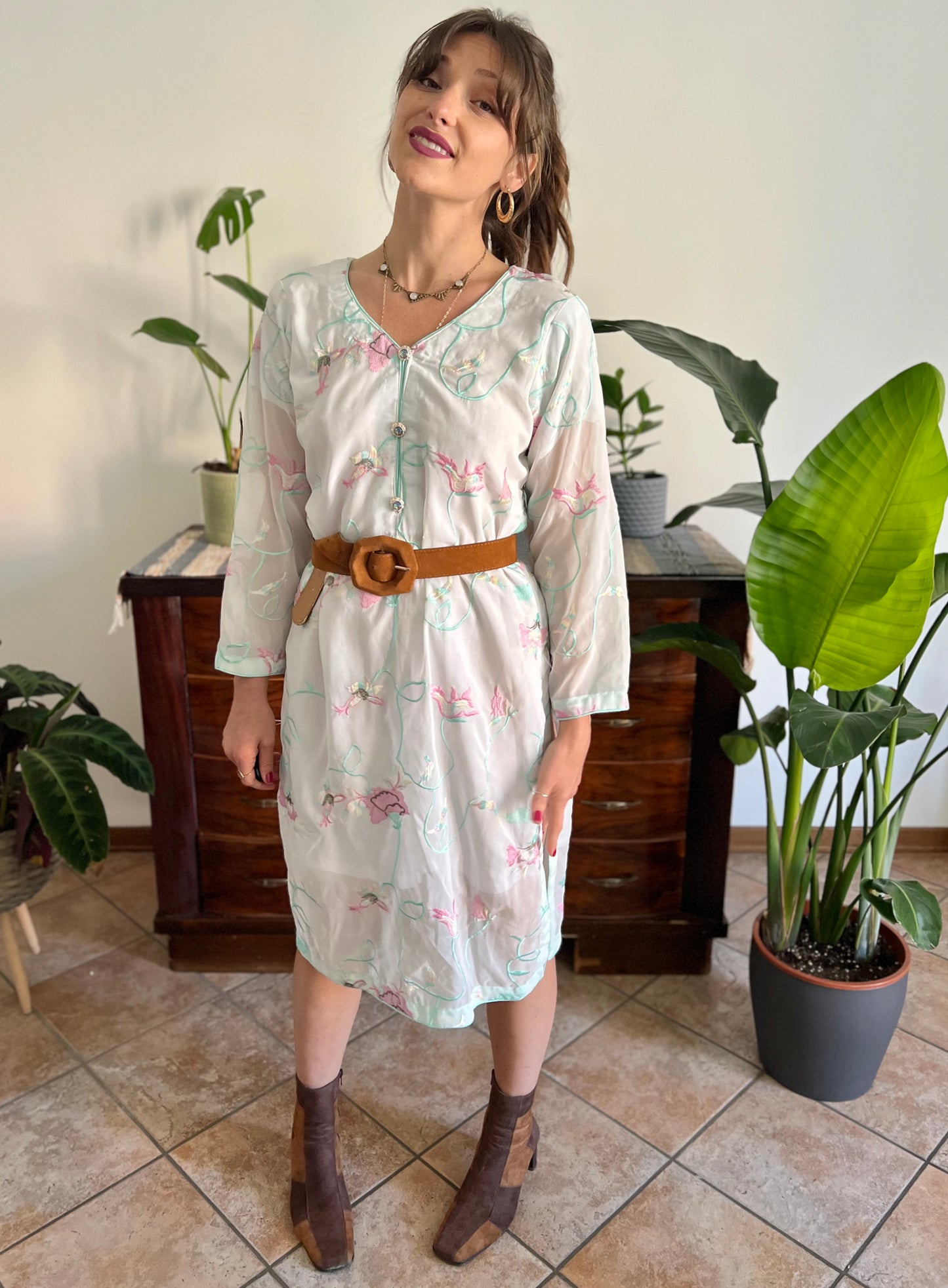1990's vintage cream Vietnamese dress with turquoise, pink and butter yellow embroidered floral design