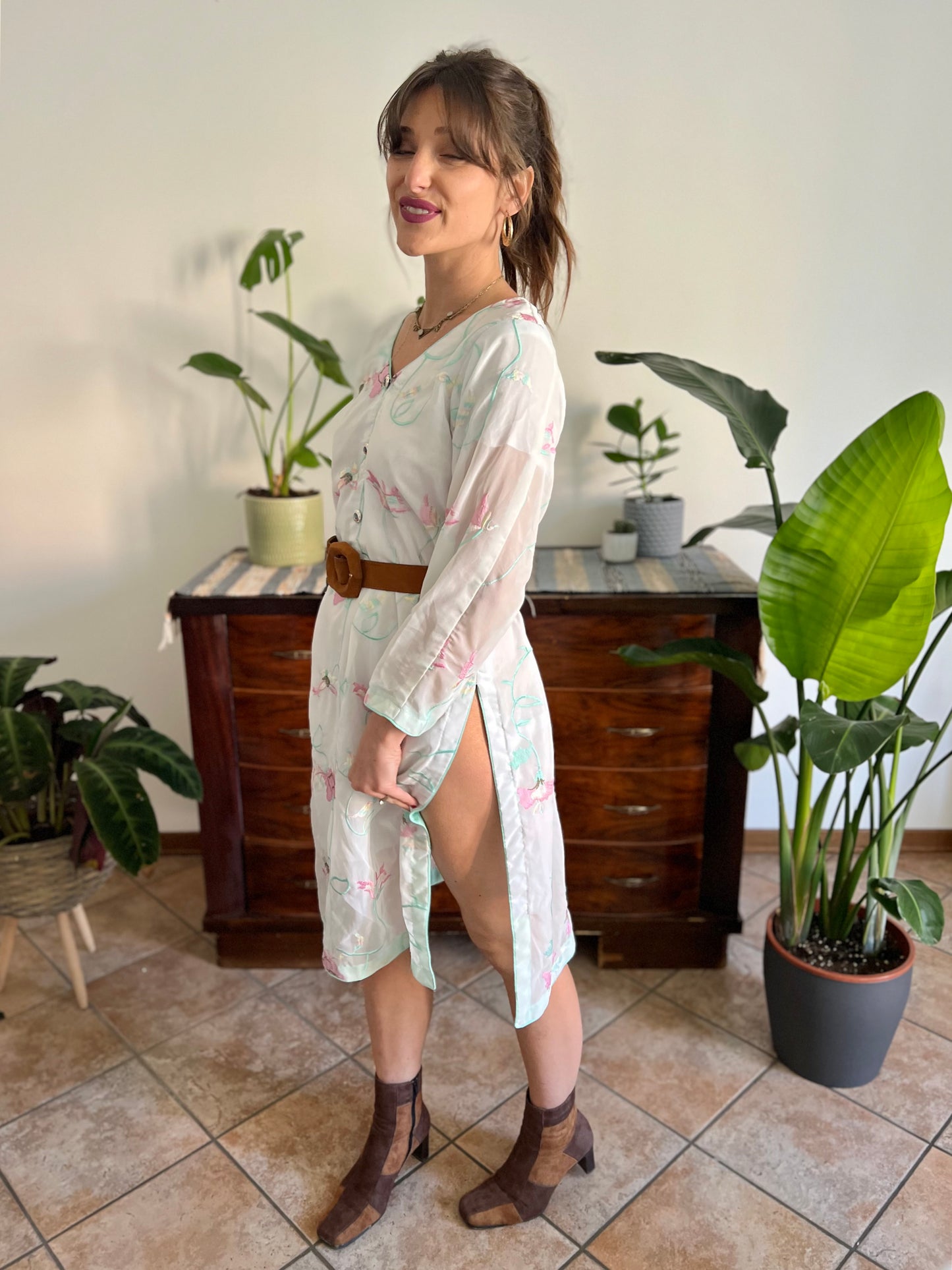1990's vintage cream Vietnamese dress with turquoise, pink and butter yellow embroidered floral design