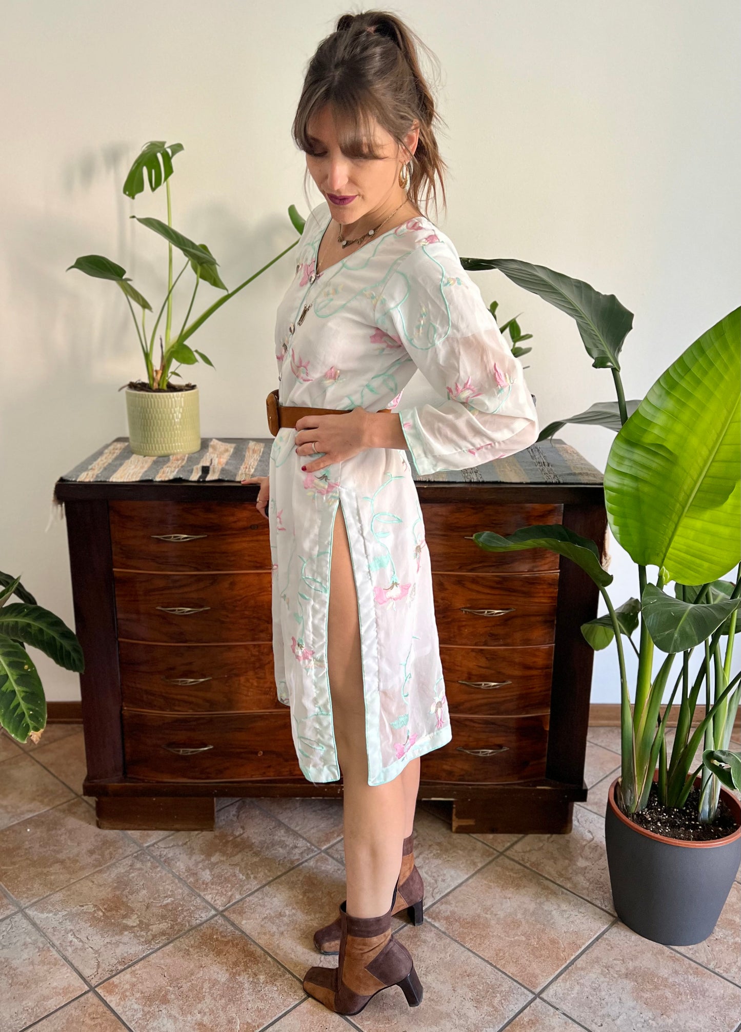 1990's vintage cream Vietnamese dress with turquoise, pink and butter yellow embroidered floral design
