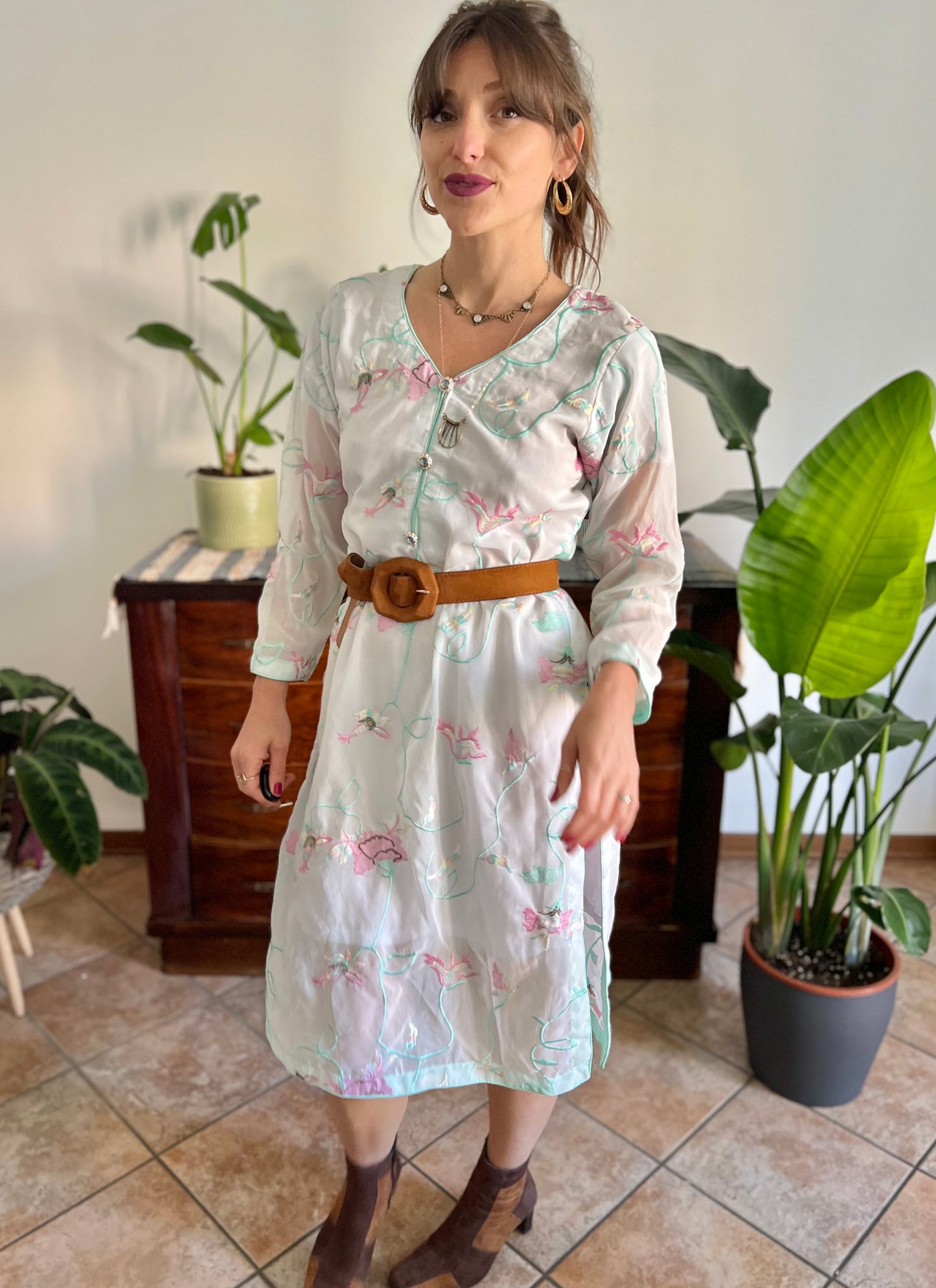 1990's vintage cream Vietnamese dress with turquoise, pink and butter yellow embroidered floral design