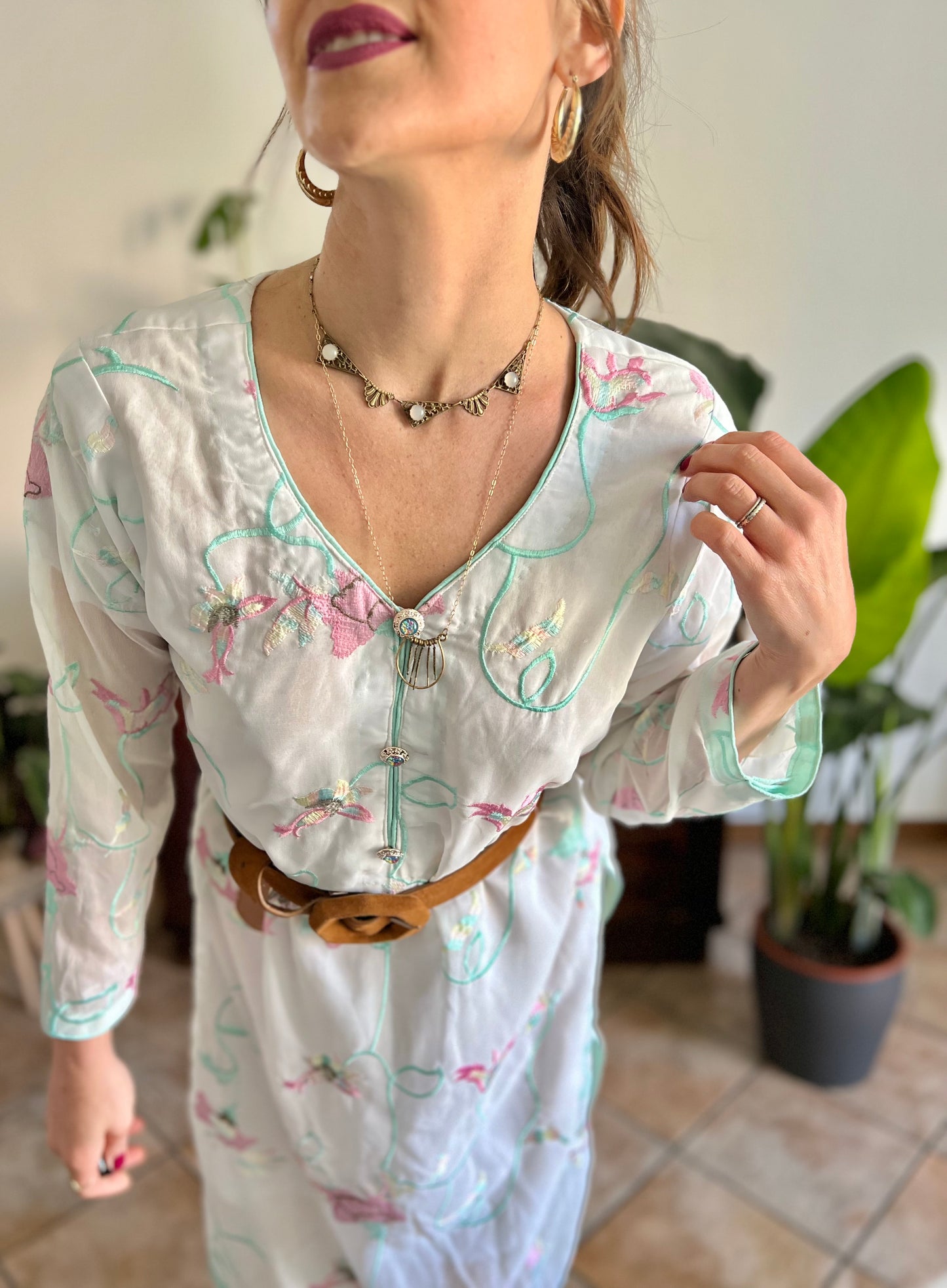 1990's vintage cream Vietnamese dress with turquoise, pink and butter yellow embroidered floral design