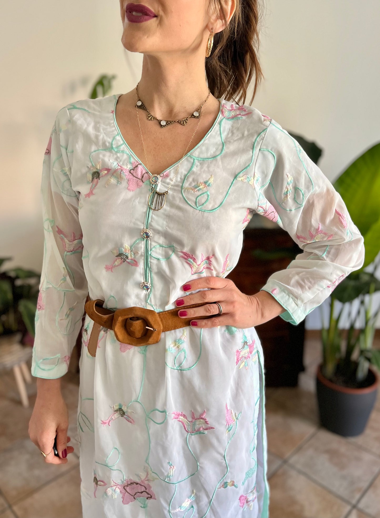 1990's vintage cream Vietnamese dress with turquoise, pink and butter yellow embroidered floral design