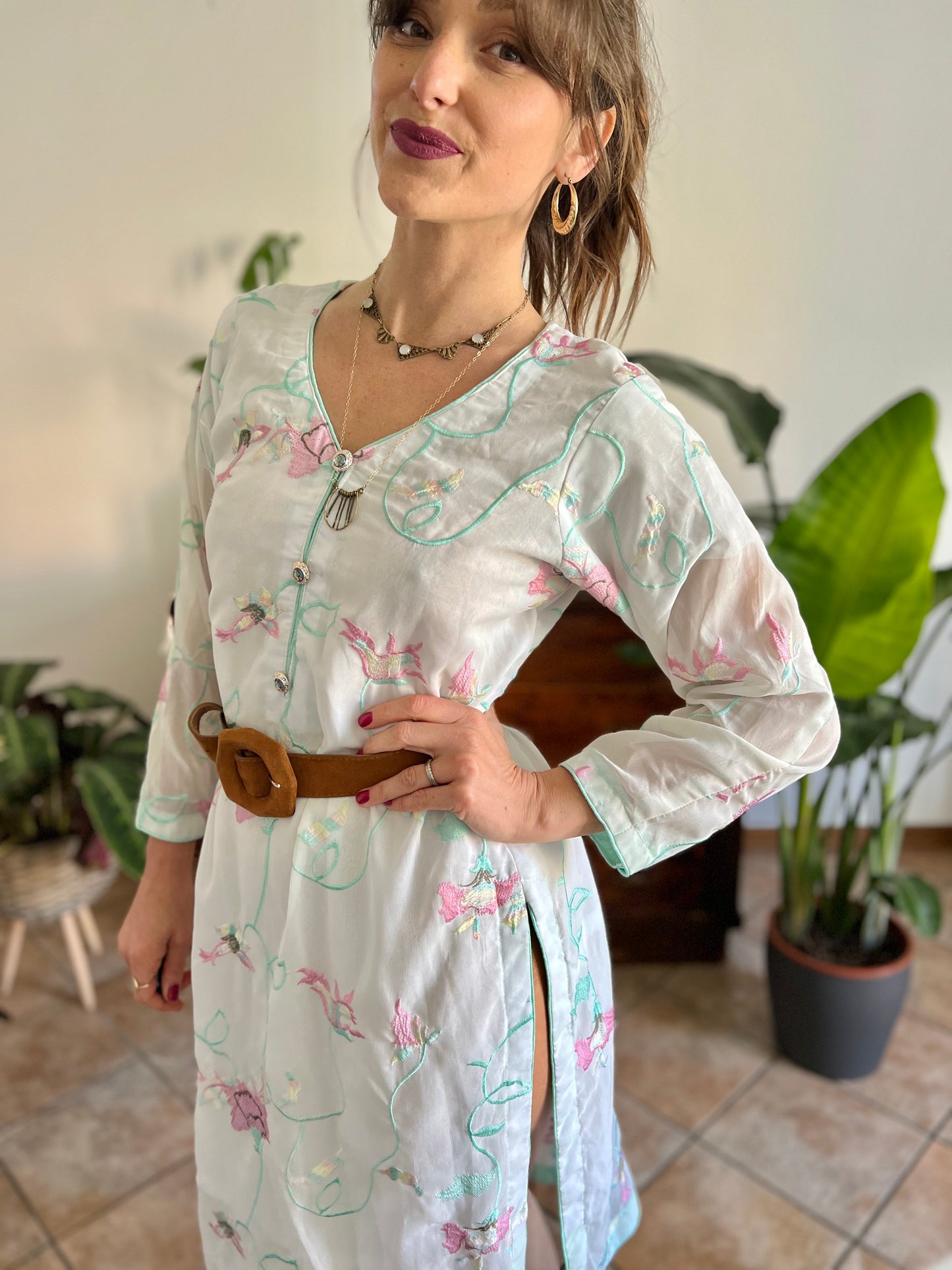 1990's vintage cream Vietnamese dress with turquoise, pink and butter yellow embroidered floral design