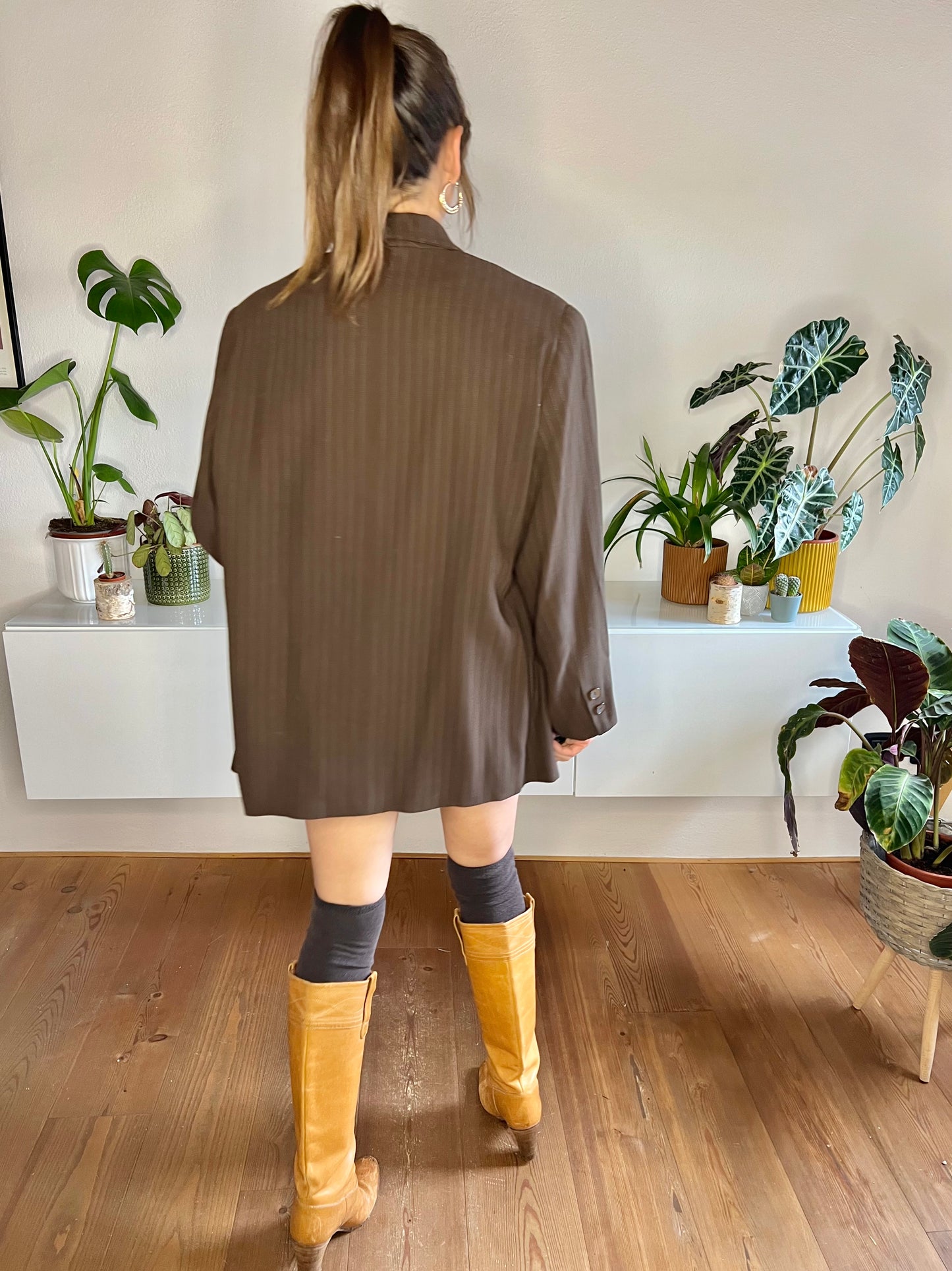 1970's vintage oversize chocolate brown wool blazer with cream pin striping