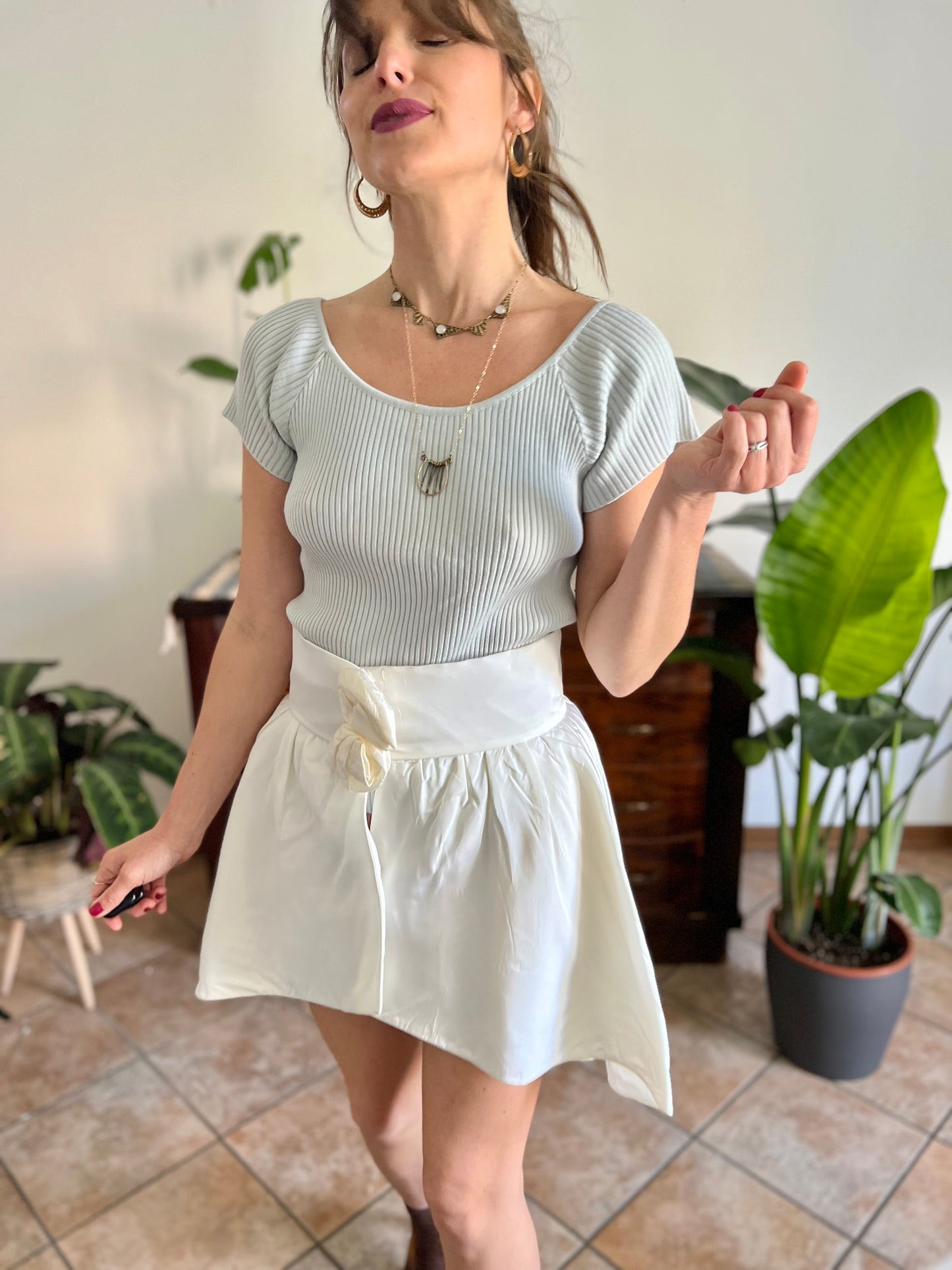 1980's vintage cream satin asymmetrical mini skirt with rosette details